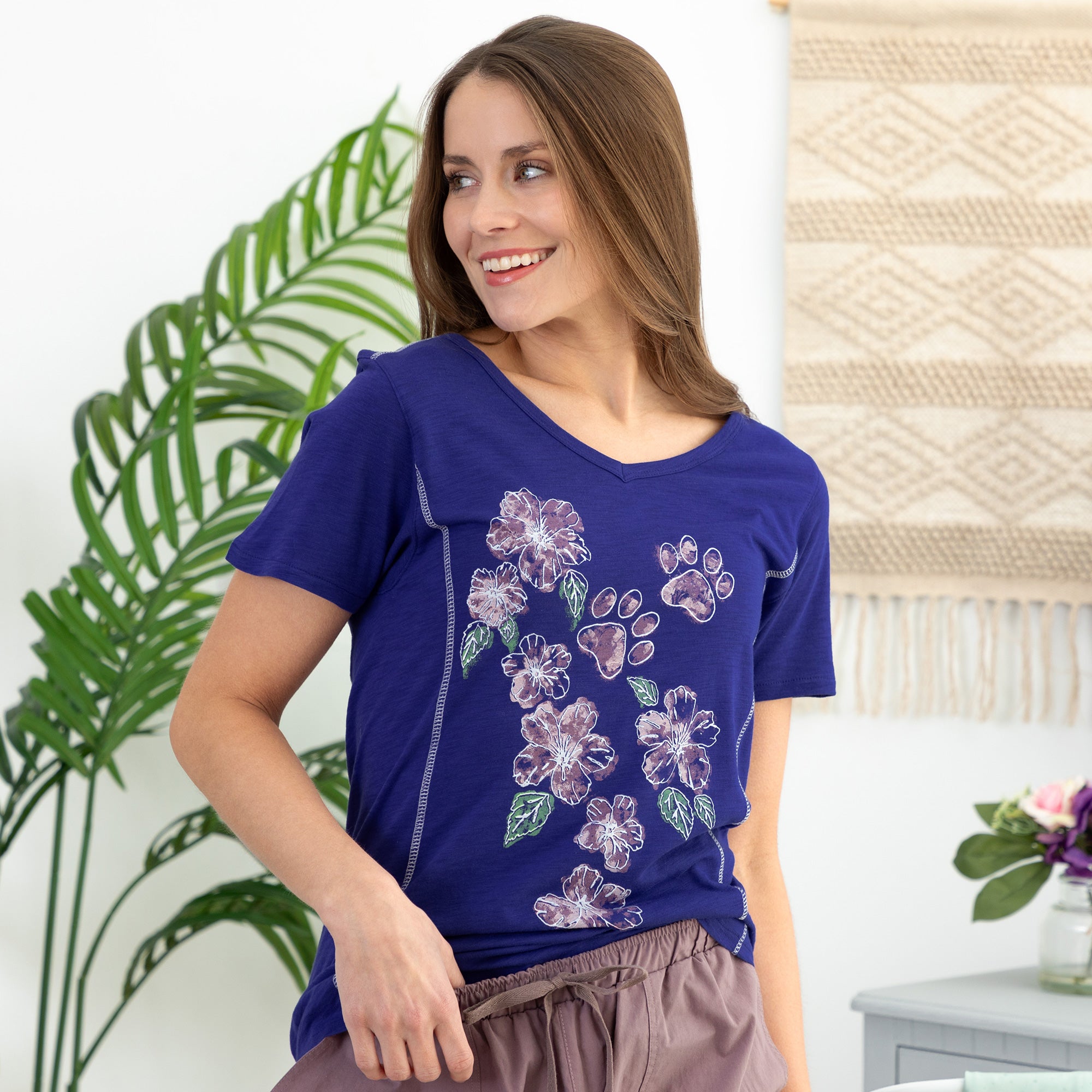 Premium Hibiscus & Paws Bamboo V-Neck Tee - Ultimate Comfort & Style