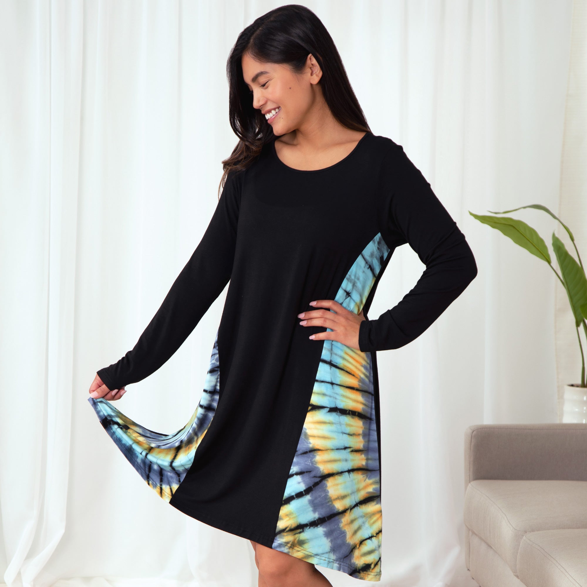 Premium Long Sleeve Tie-Dye Panel Dress - Fair-Trade Elegance