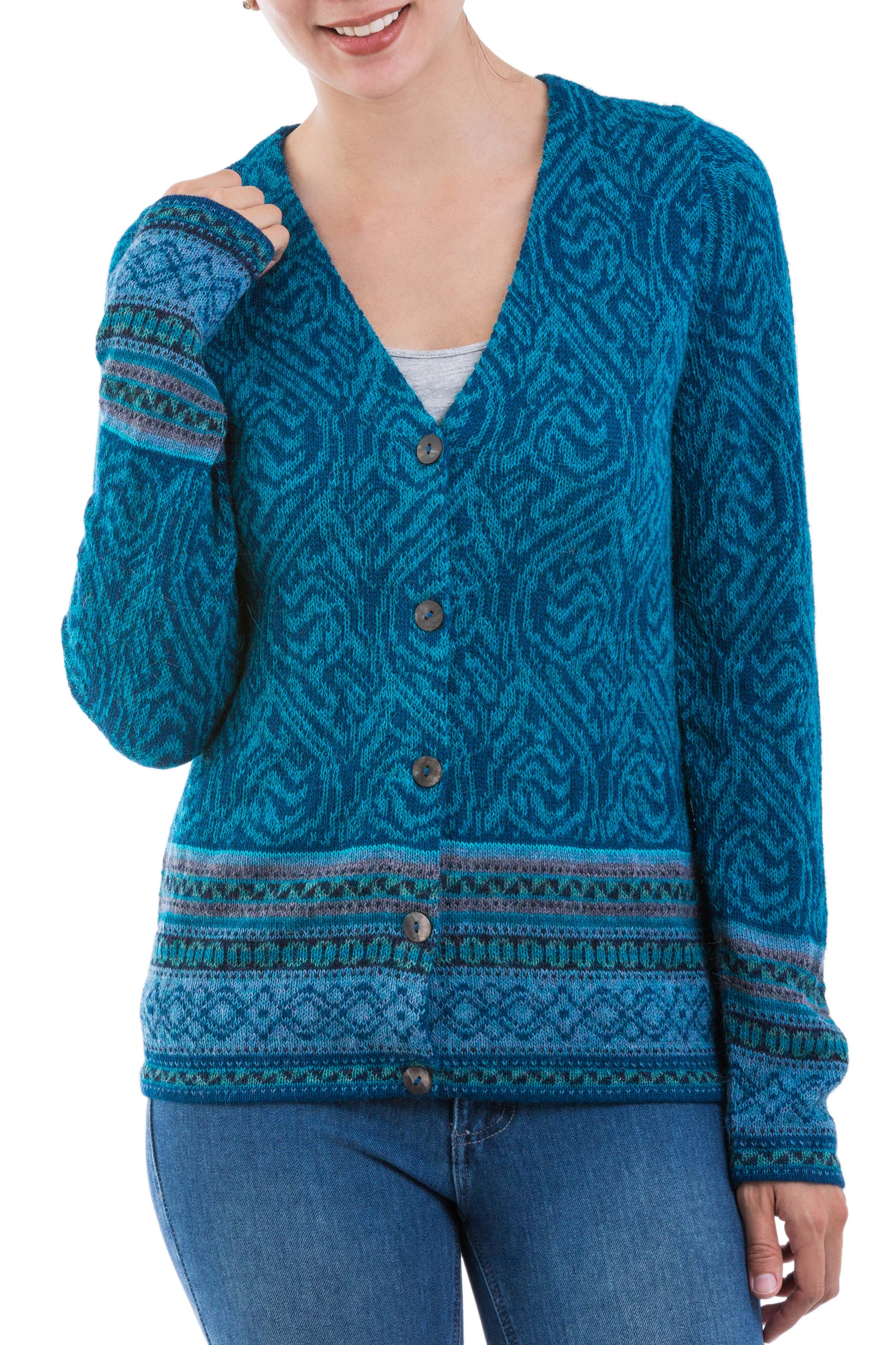 Premium Dreamy Blues Teal Alpaca Wool Cardigan | Handcrafted in Peru