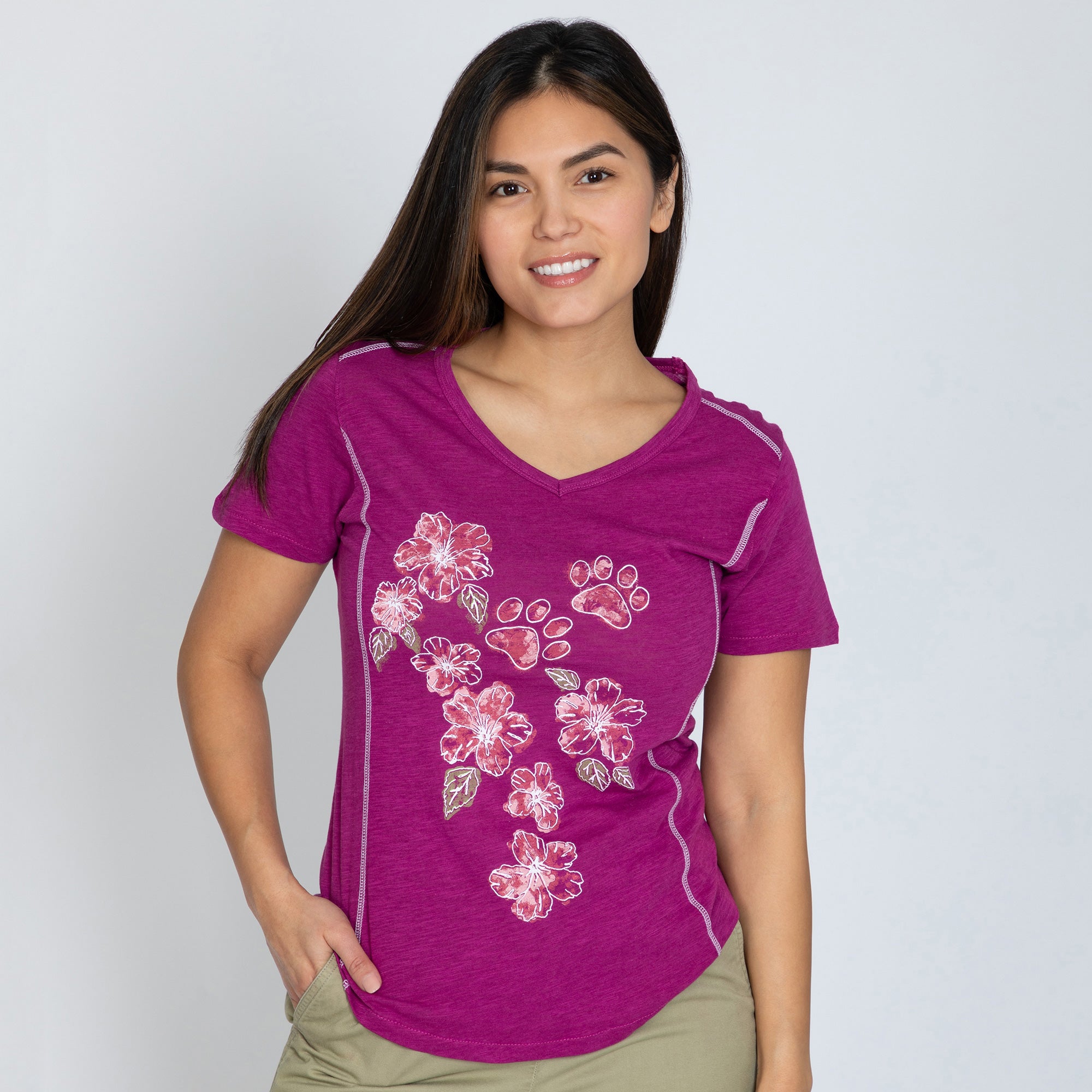 Premium Hibiscus & Paws Bamboo V-Neck Tee - Ultimate Comfort & Style