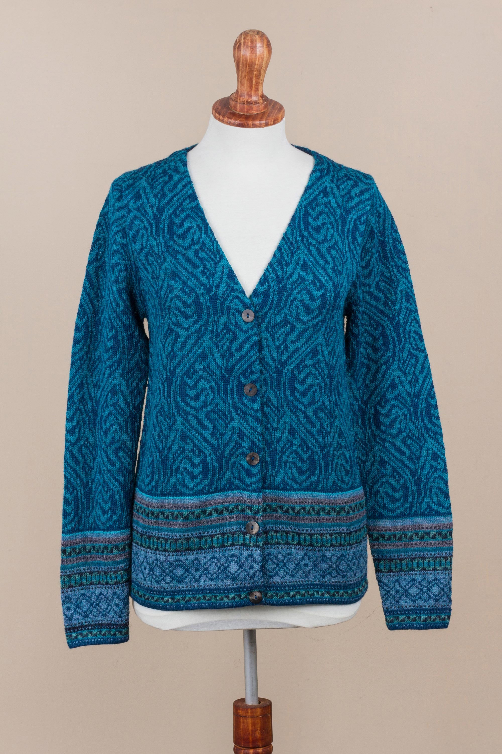 Premium Dreamy Blues Teal Alpaca Wool Cardigan | Handcrafted in Peru