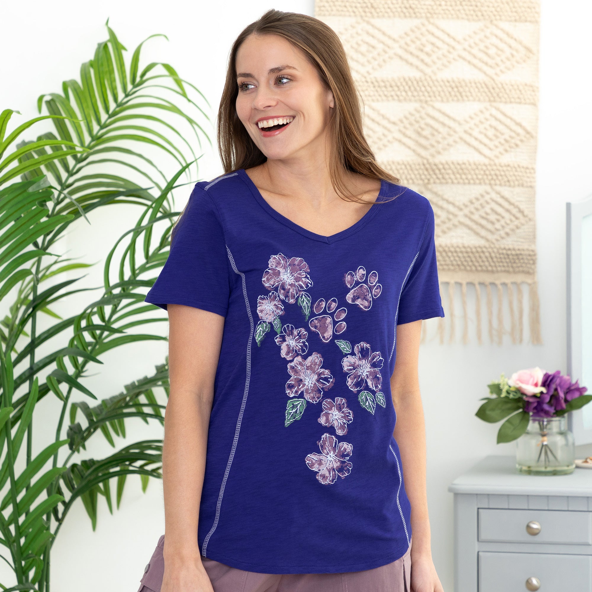 Premium Hibiscus & Paws Bamboo V-Neck Tee - Ultimate Comfort & Style