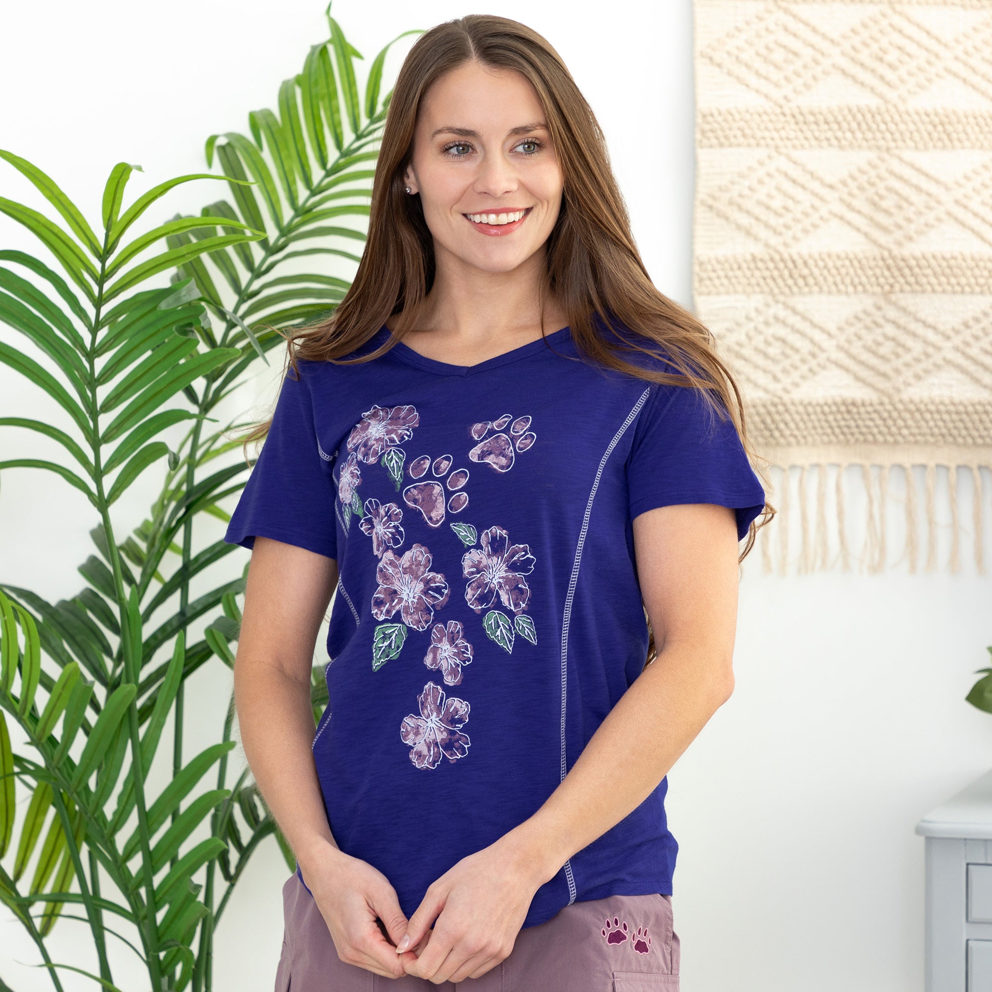 Premium Hibiscus & Paws Bamboo V-Neck Tee - Ultimate Comfort & Style