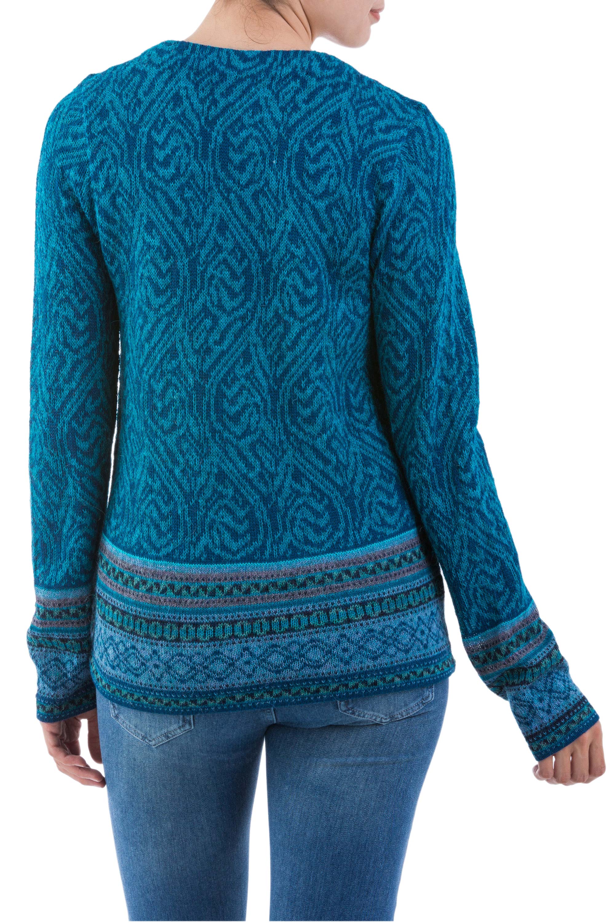 Premium Dreamy Blues Teal Alpaca Wool Cardigan | Handcrafted in Peru