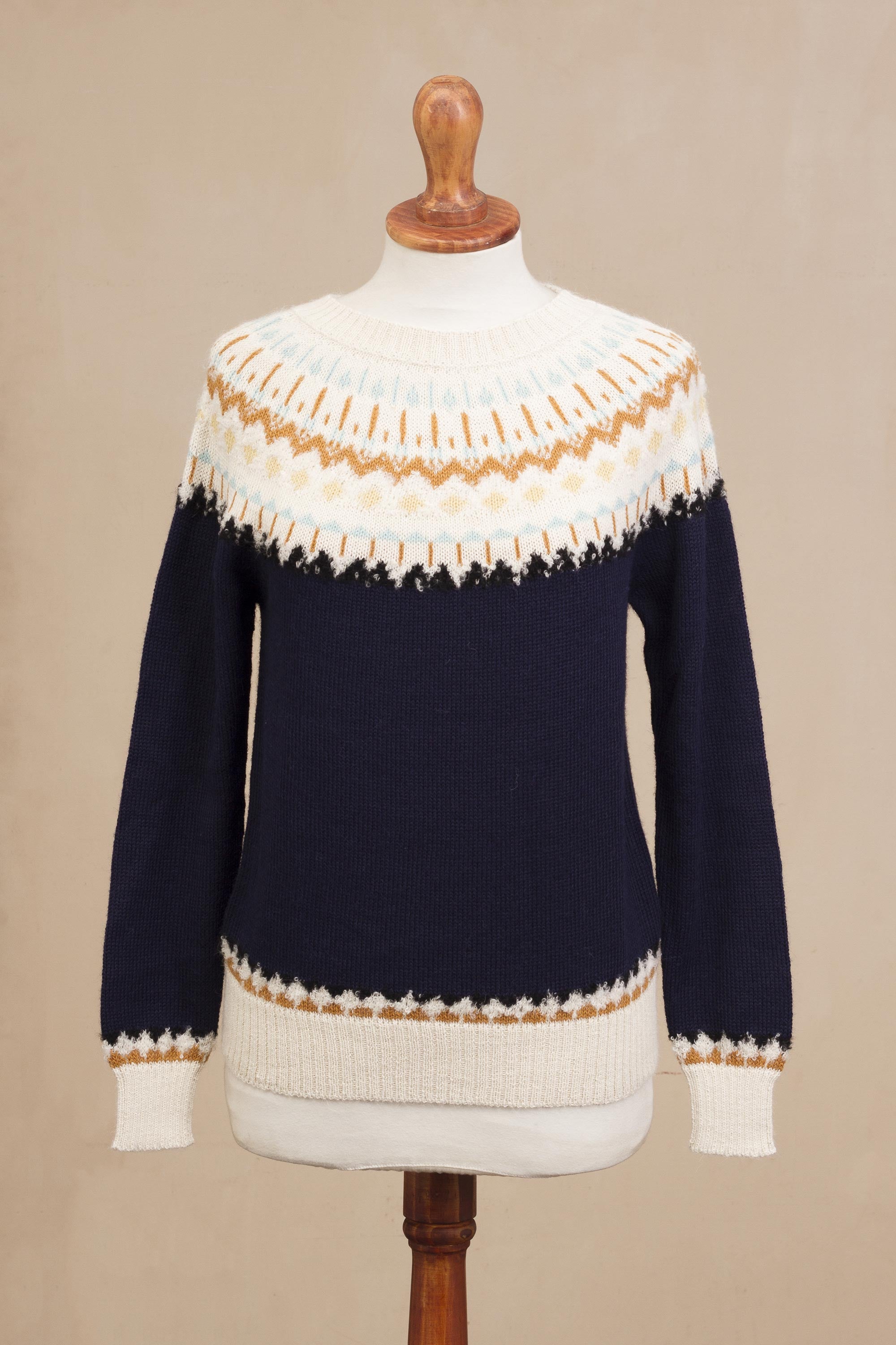 Premium 100% Alpaca Fair Isle Pullover - Midnight & Antique White