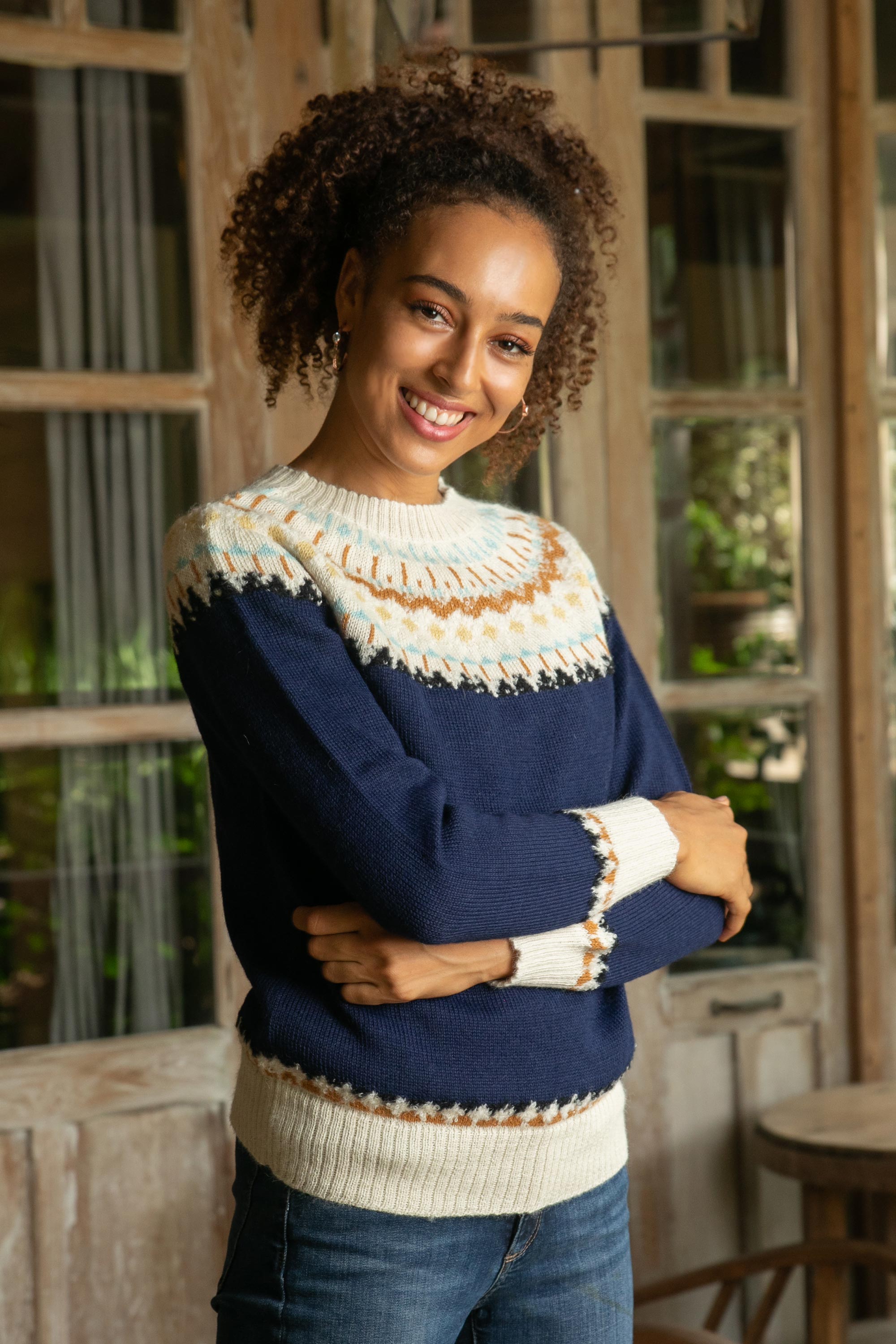 Premium 100% Alpaca Fair Isle Pullover - Midnight & Antique White