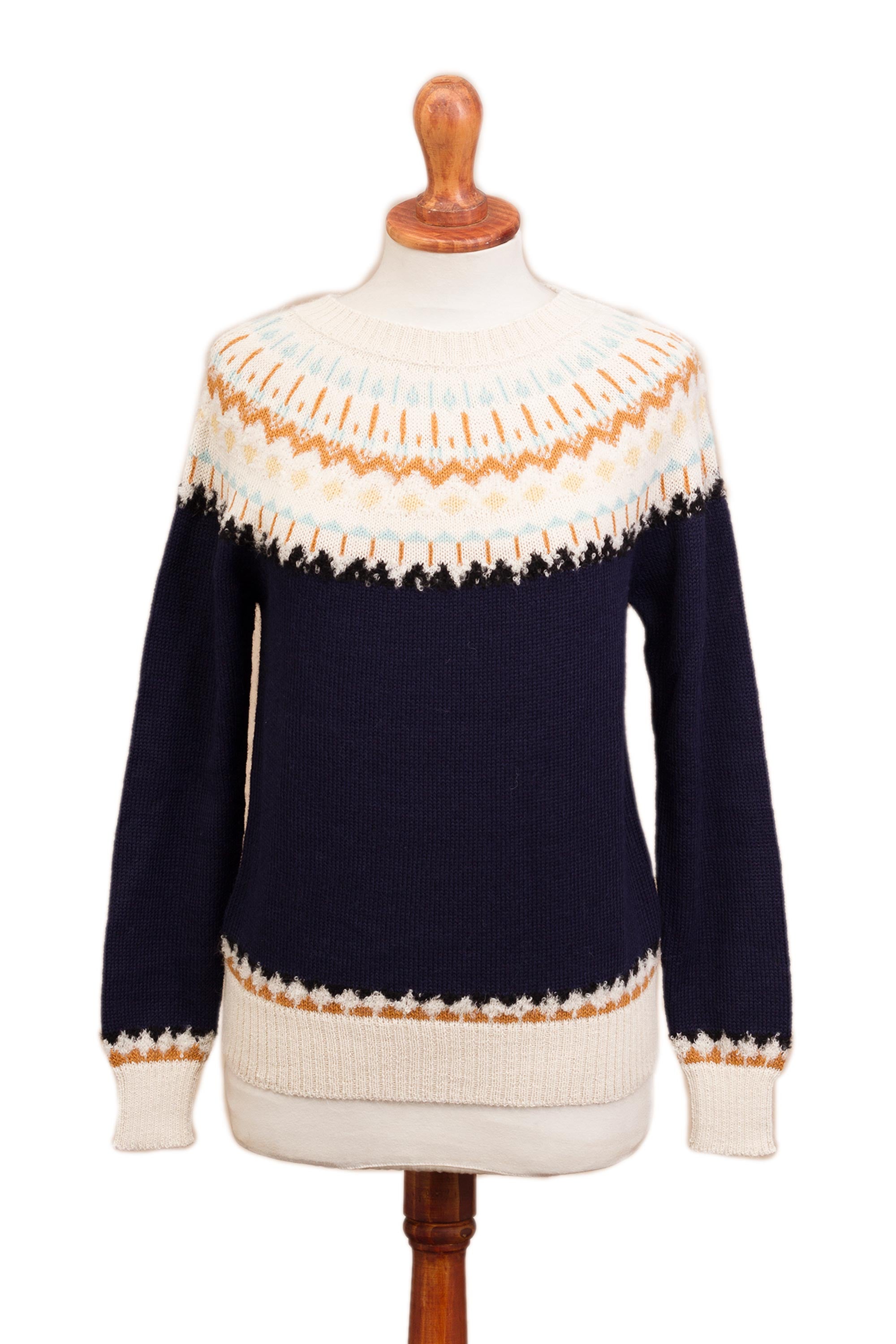 Premium 100% Alpaca Fair Isle Pullover - Midnight & Antique White