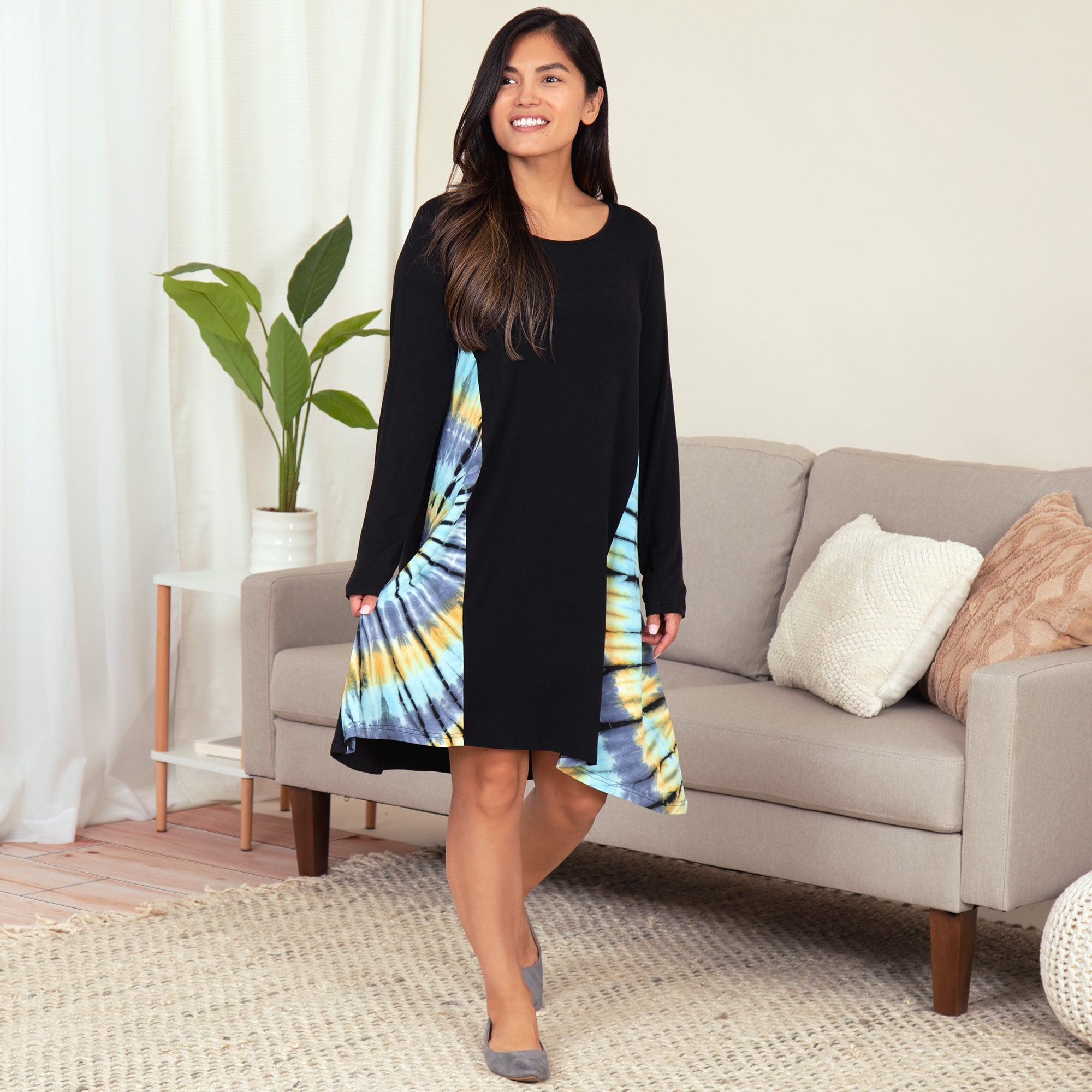 Premium Long Sleeve Tie-Dye Panel Dress - Fair-Trade Elegance