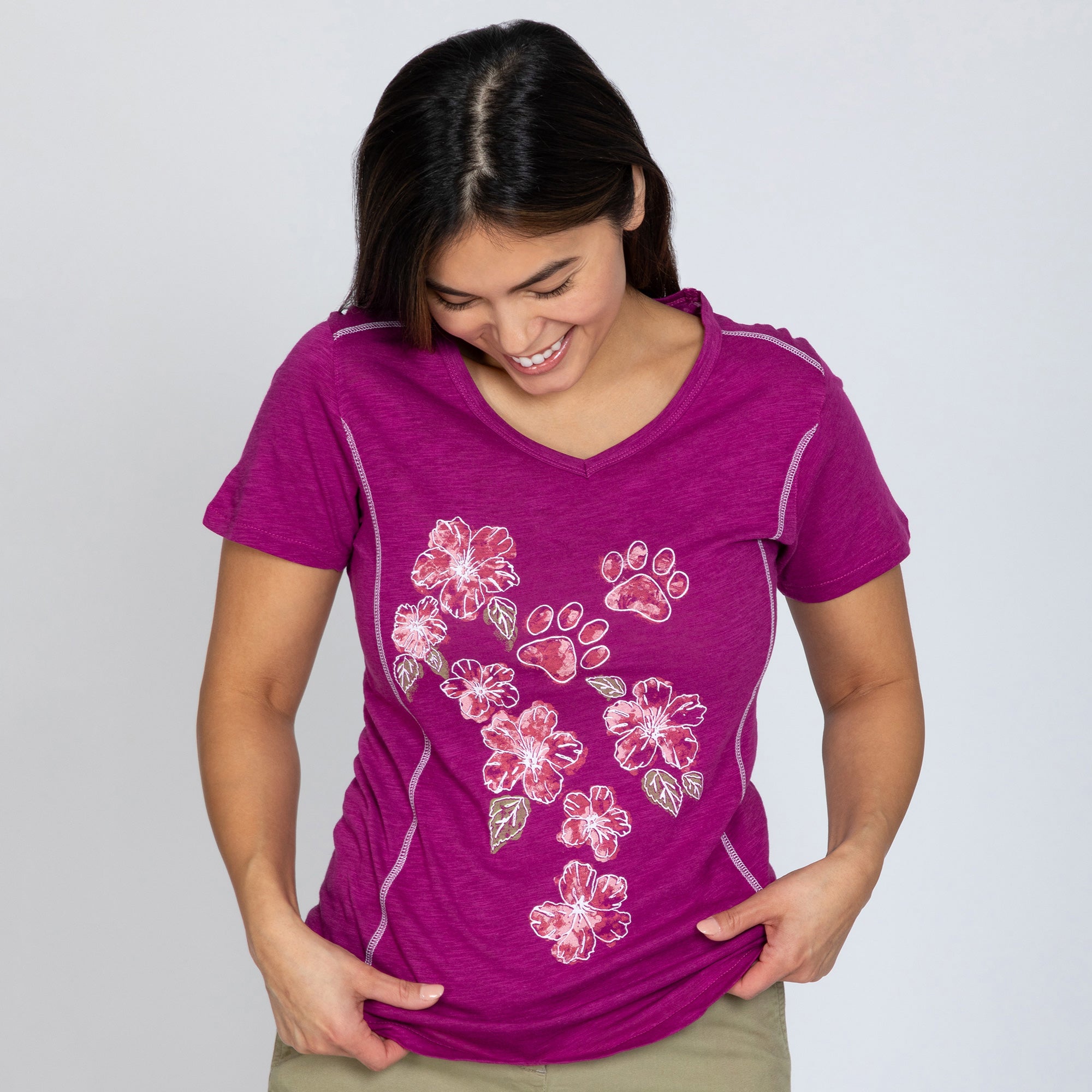 Premium Hibiscus & Paws Bamboo V-Neck Tee - Ultimate Comfort & Style