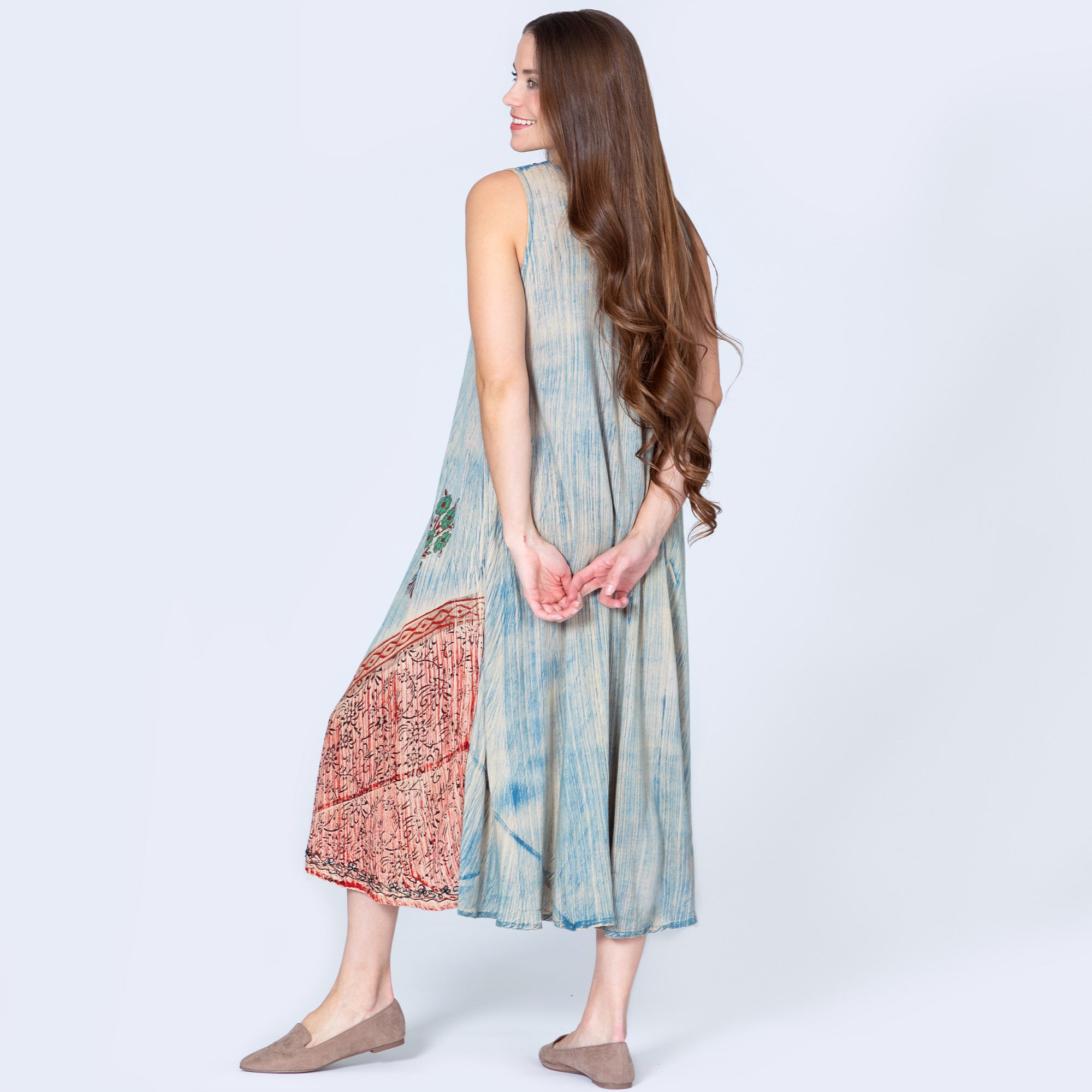 Premium Handmade Dusty Pink & Blue Floral Dress - Ethical Elegance