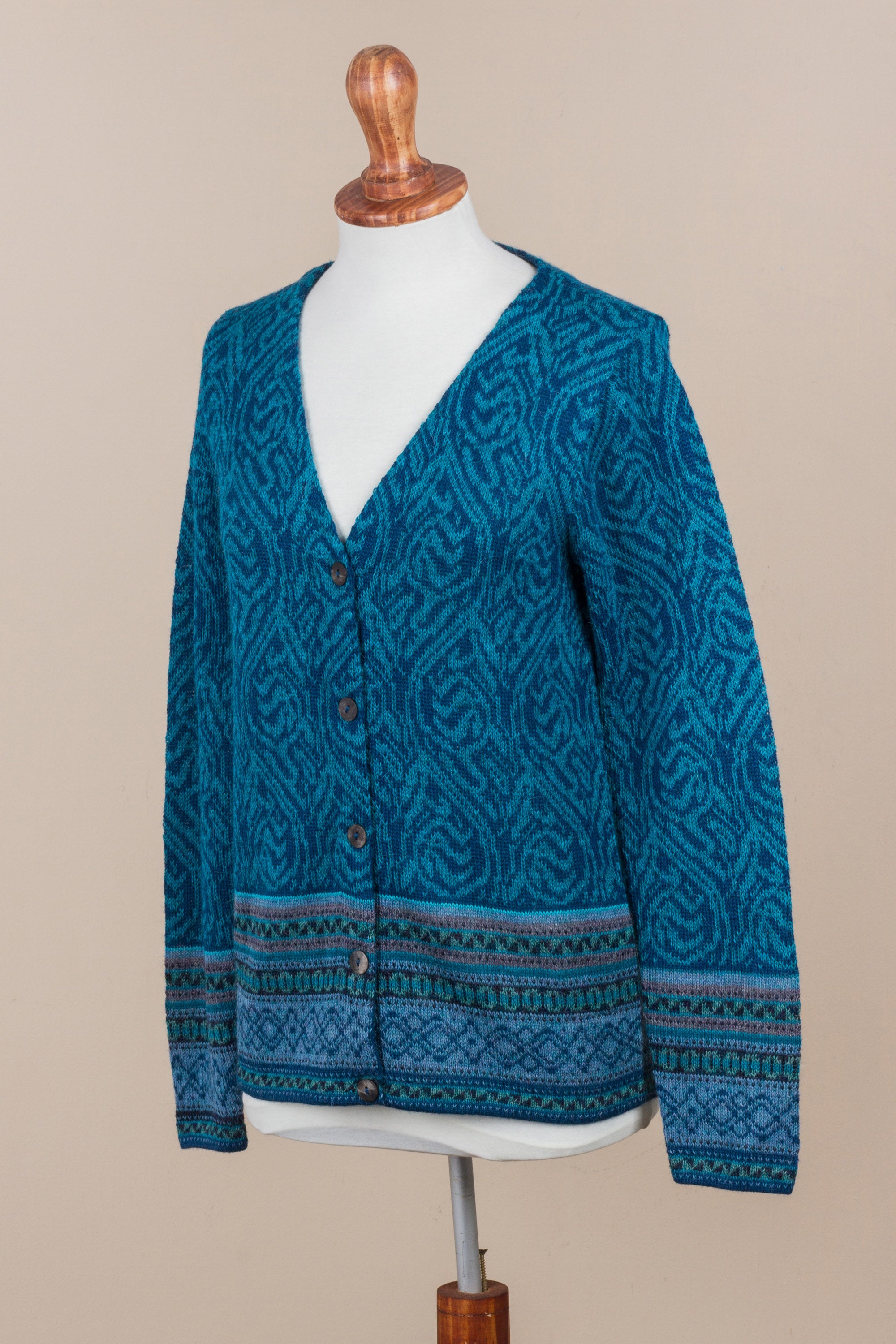 Premium Dreamy Blues Teal Alpaca Wool Cardigan | Handcrafted in Peru