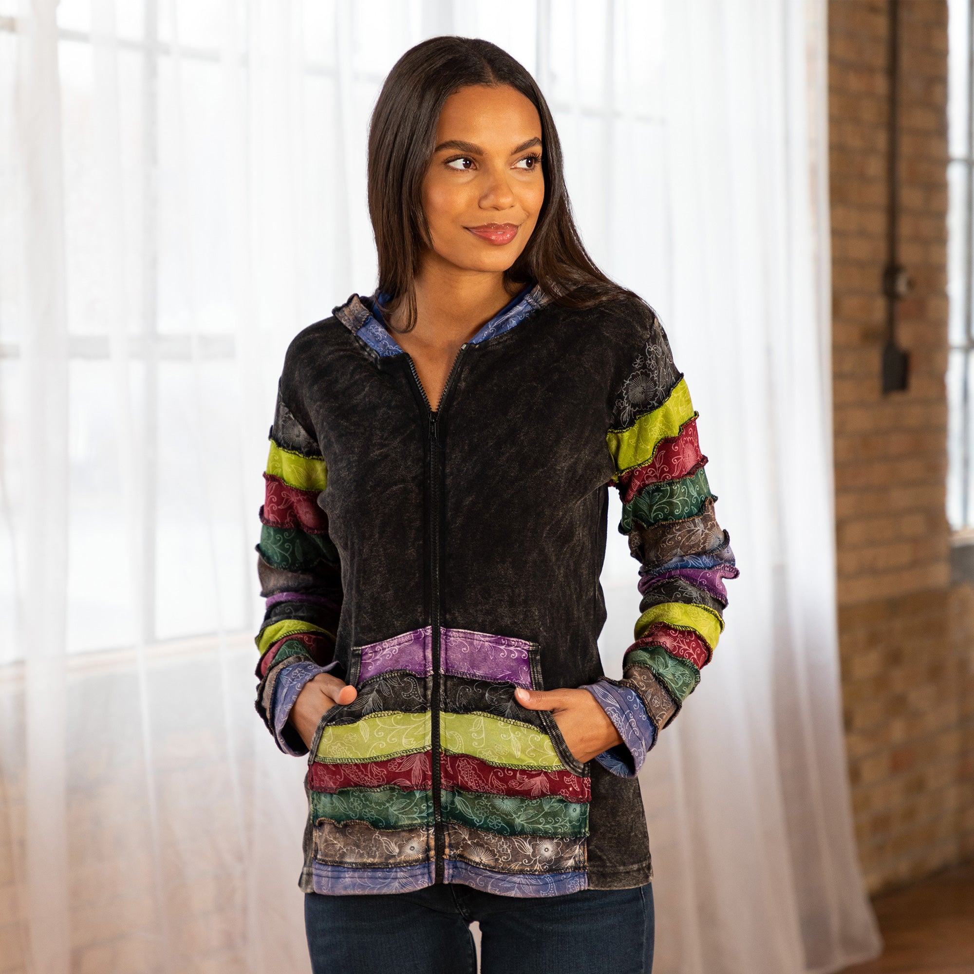 Premium Handmade Fair Trade Zip Hoodie | Bold Floral Block Print