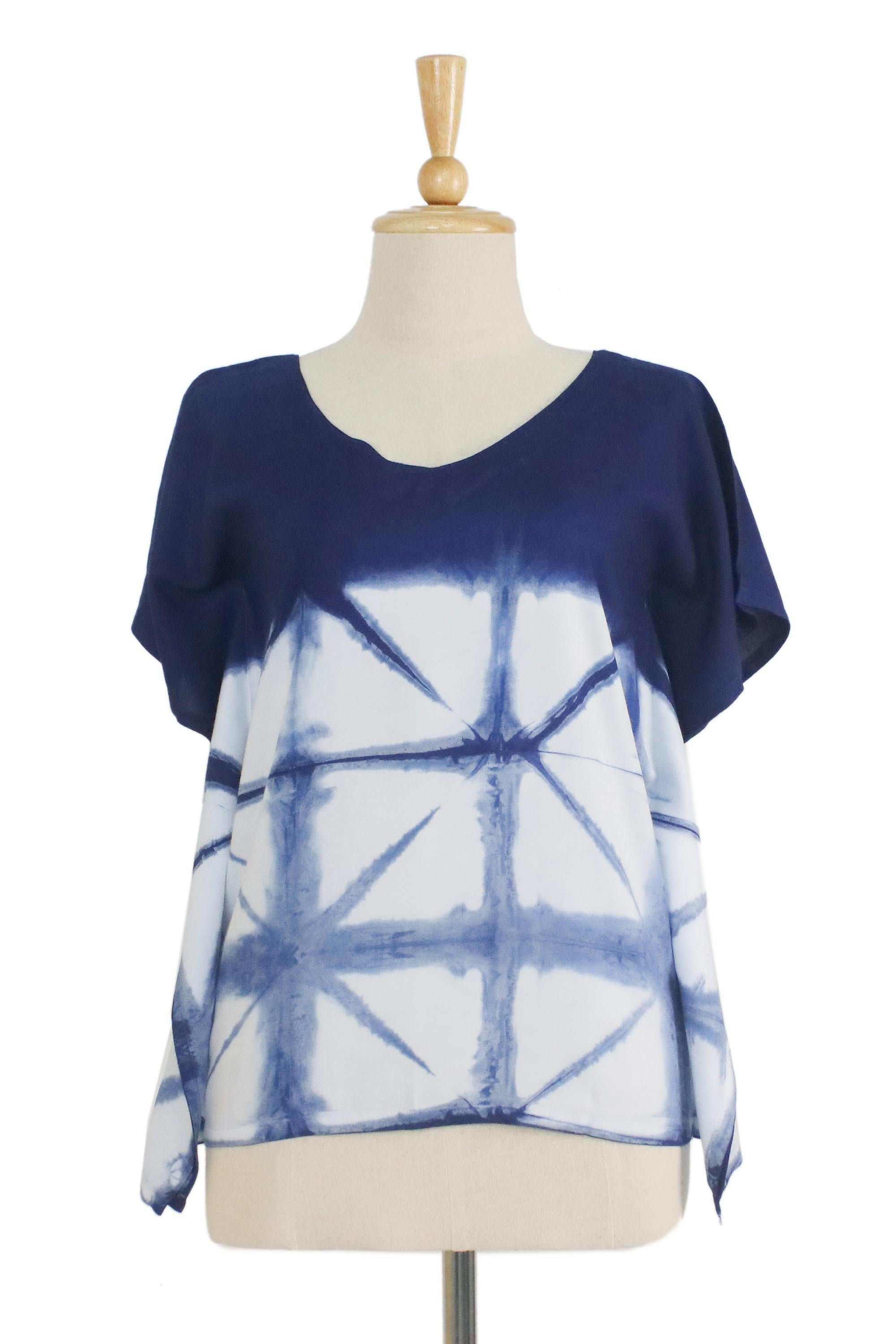 Premium Indigo White Geometric Tie-Dye Cotton Blouse – Effortless Style