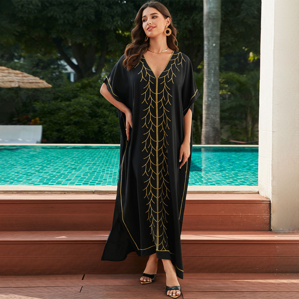 Premium Embroidered V-Neck Beach Cover-Up with Side Splits