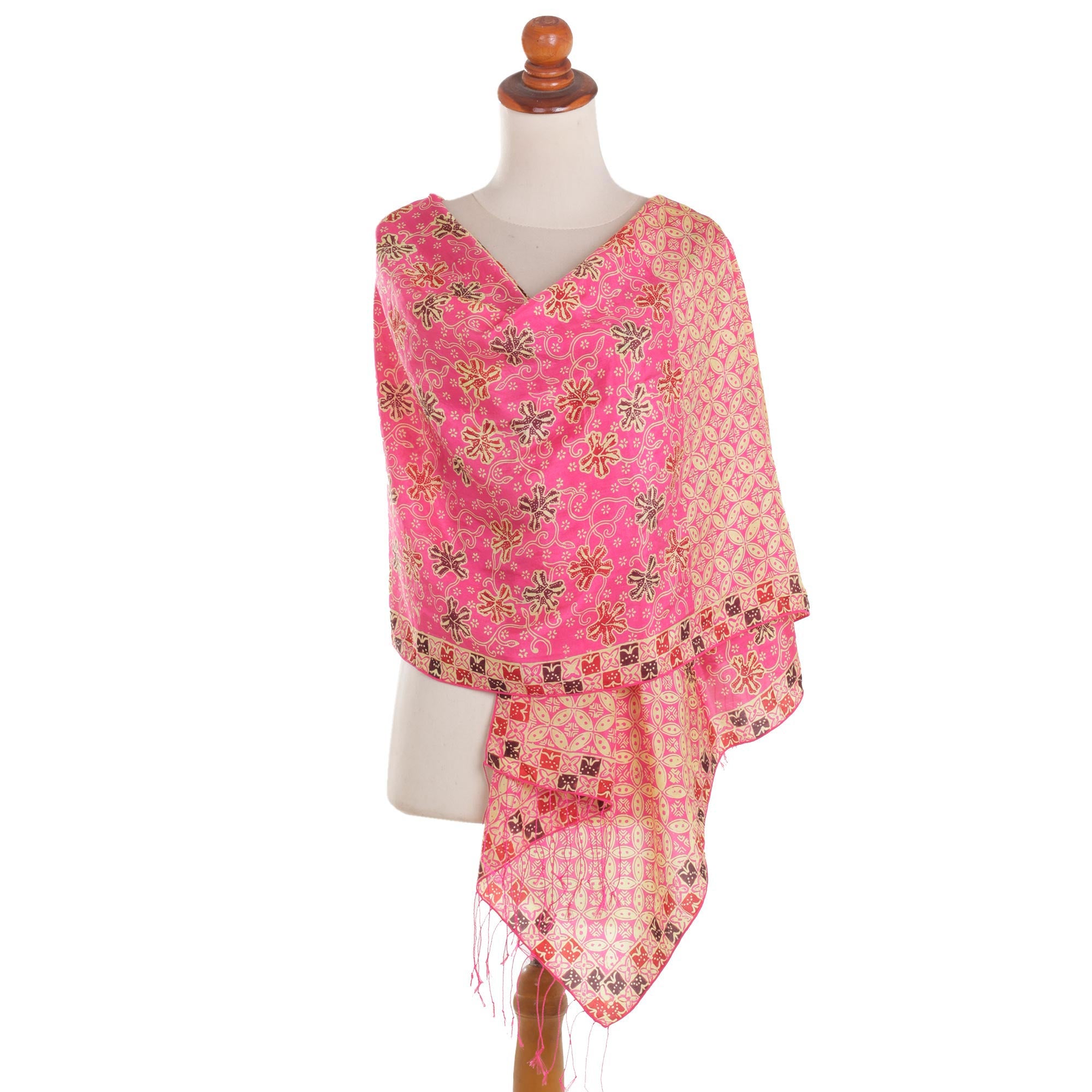 Premium Fuchsia Kawung Batik Silk Shawl - Handcrafted Floral Elegance from Bali