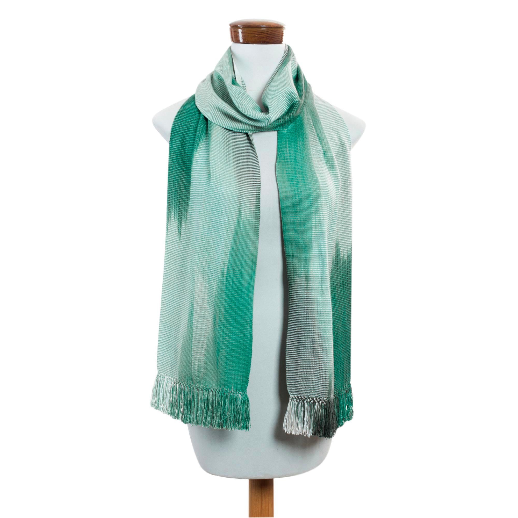 Premium Iridescent Eucalyptus Rayon Scarf - Handwoven Green & White Guatemalan Design