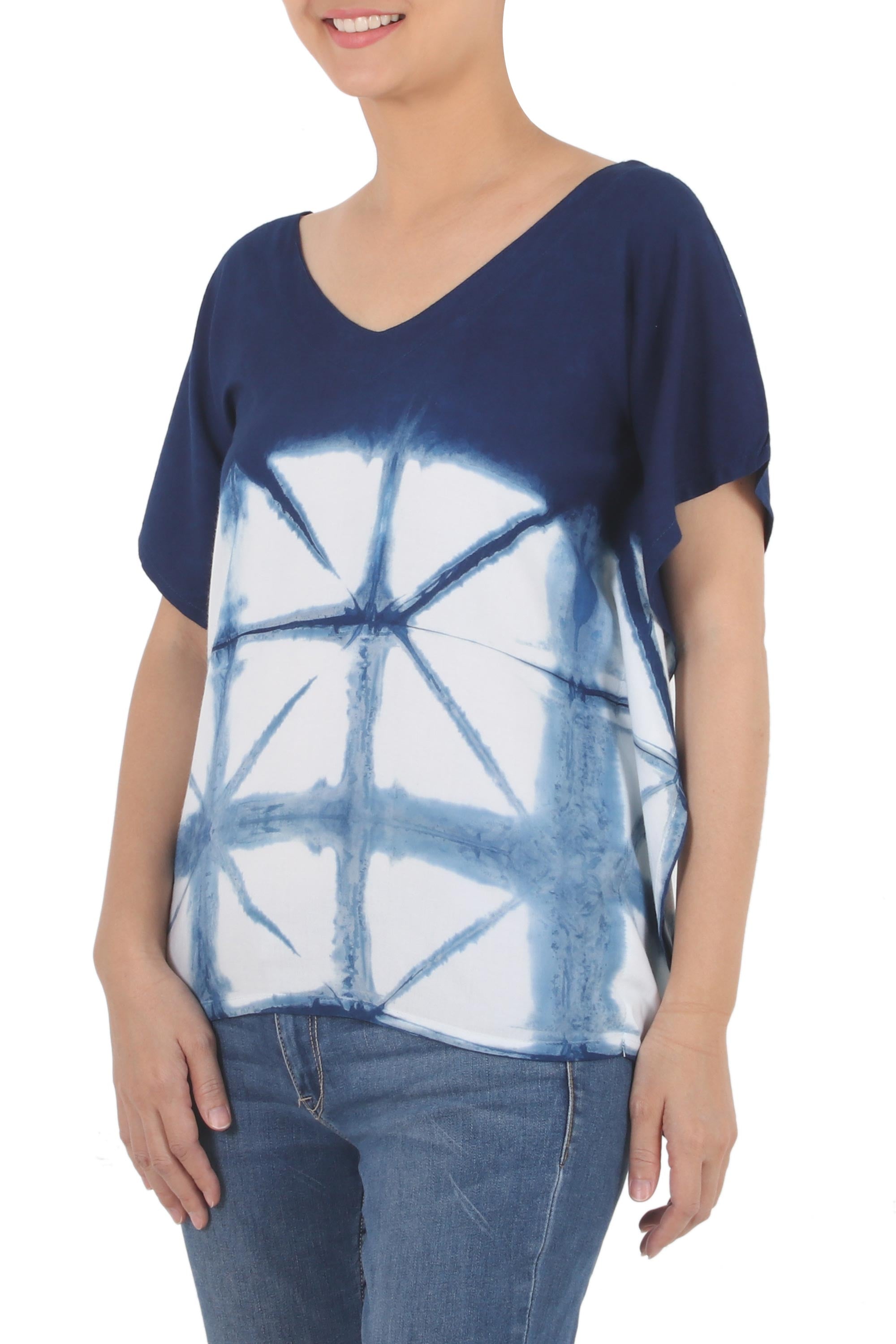 Premium Indigo White Geometric Tie-Dye Cotton Blouse – Effortless Style