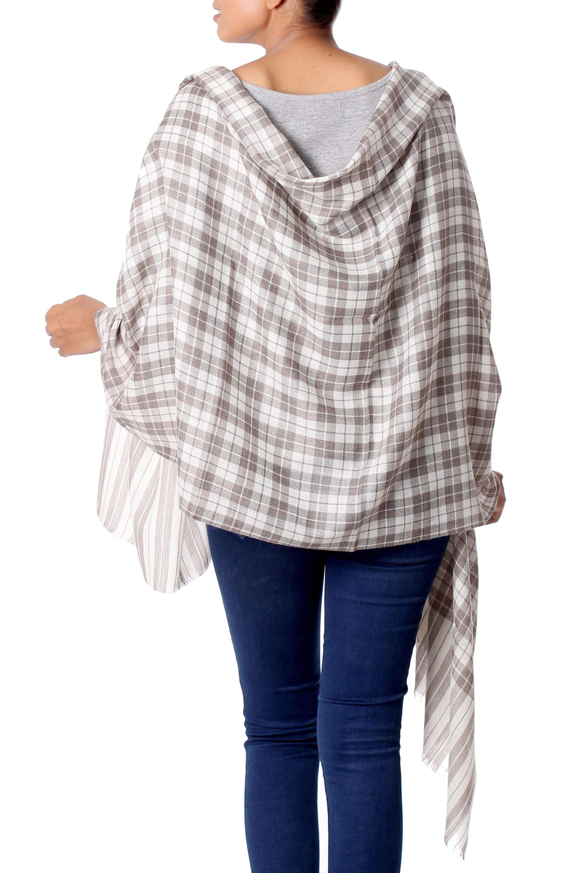 Premium Wool Shawl with Grey Checkered Pattern - Handcrafted in India