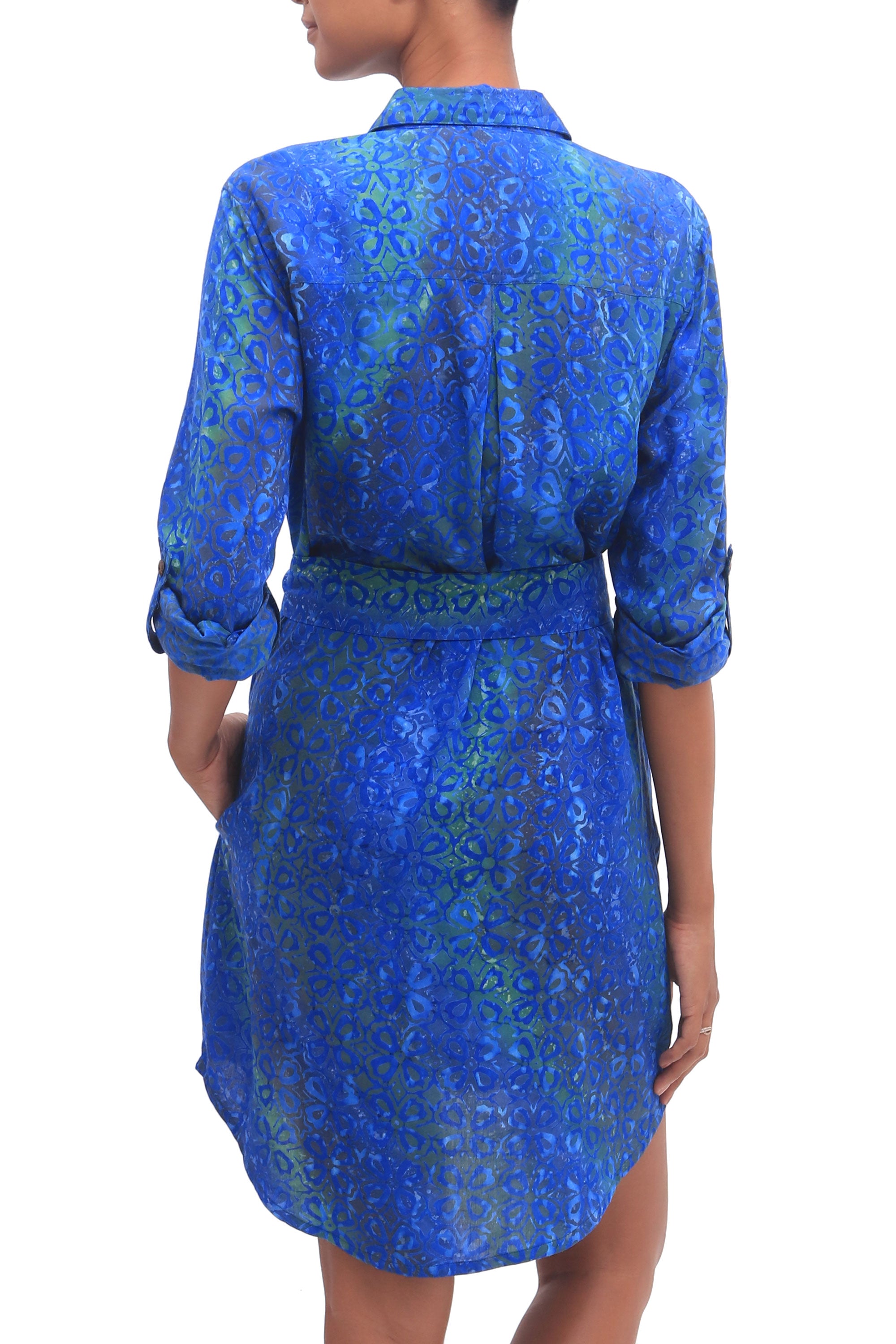 Premium Ocean Orchid Rayon Batik Shirtdress - Blue & Green Floral Print