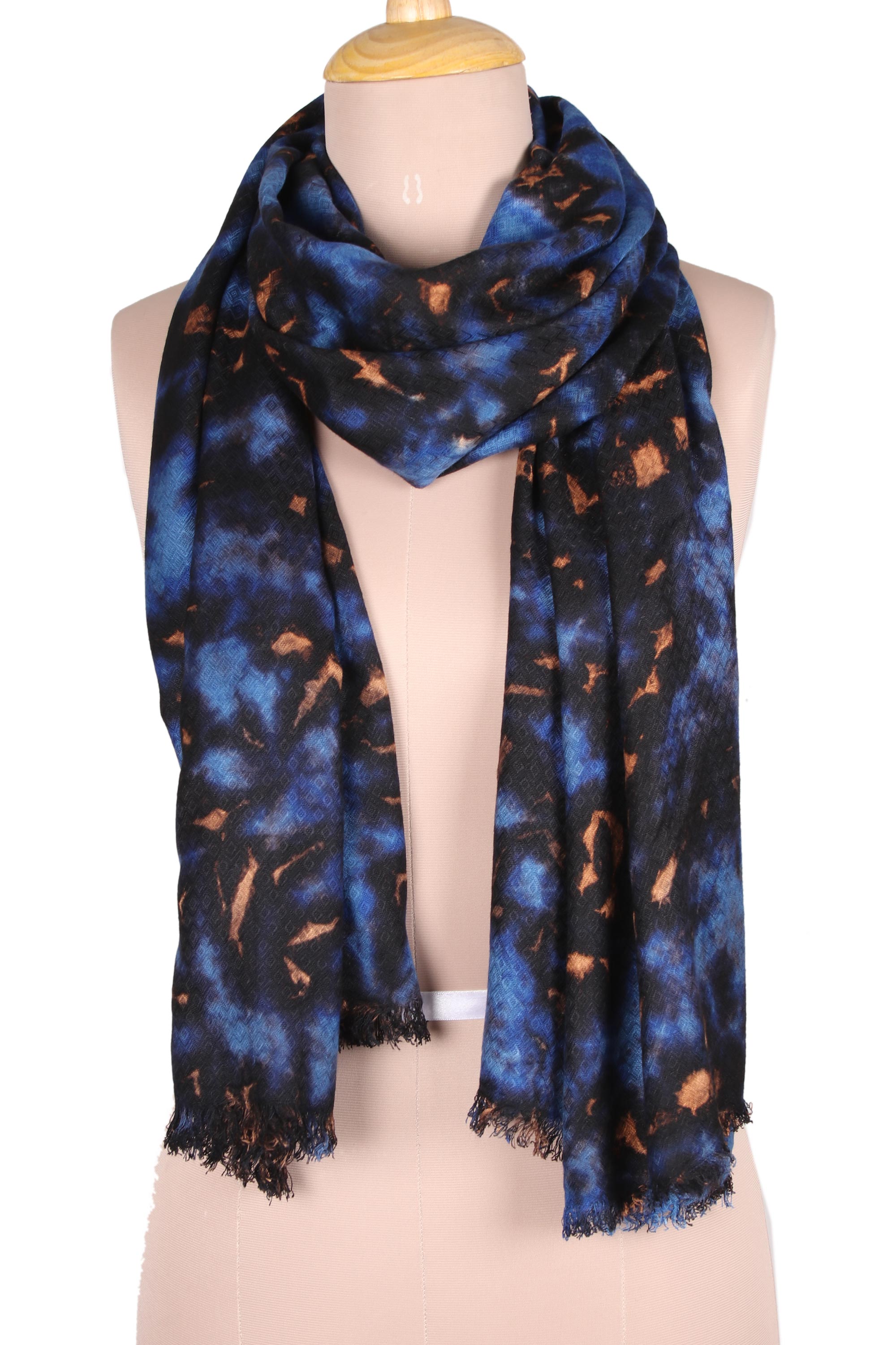 Premium Blissful Fusion Shawl - Handcrafted Viscose Scarf in Blue & Caramel