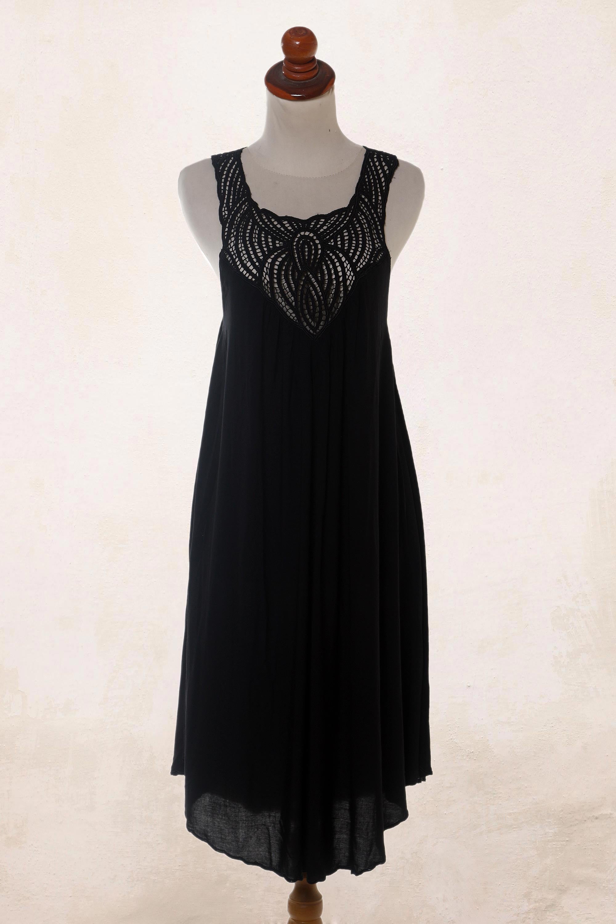 Premium Black Cotton Dress with Hand-Embroidered Floral Motif