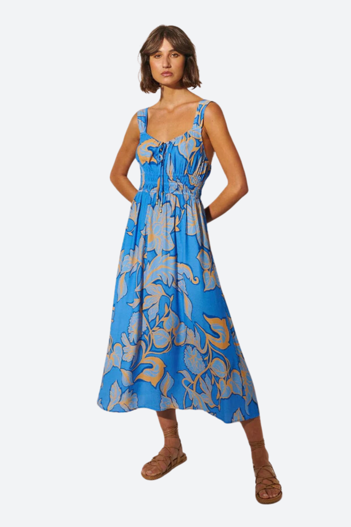 Premium Kivari Taniana Strappy Midi Dress - Blue Floral Elegance