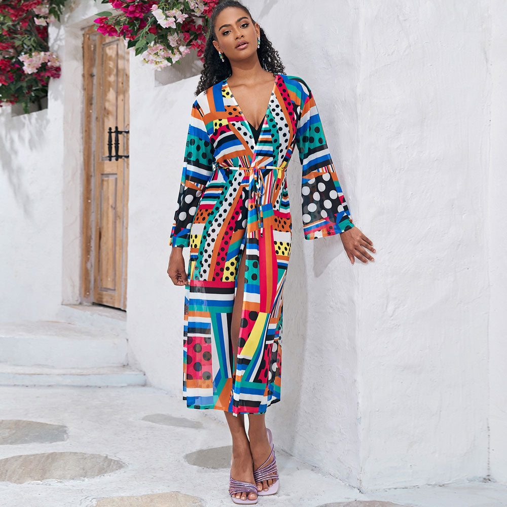 Premium Brazilian Beach Cover Up with Colorful Prints & Belted Design