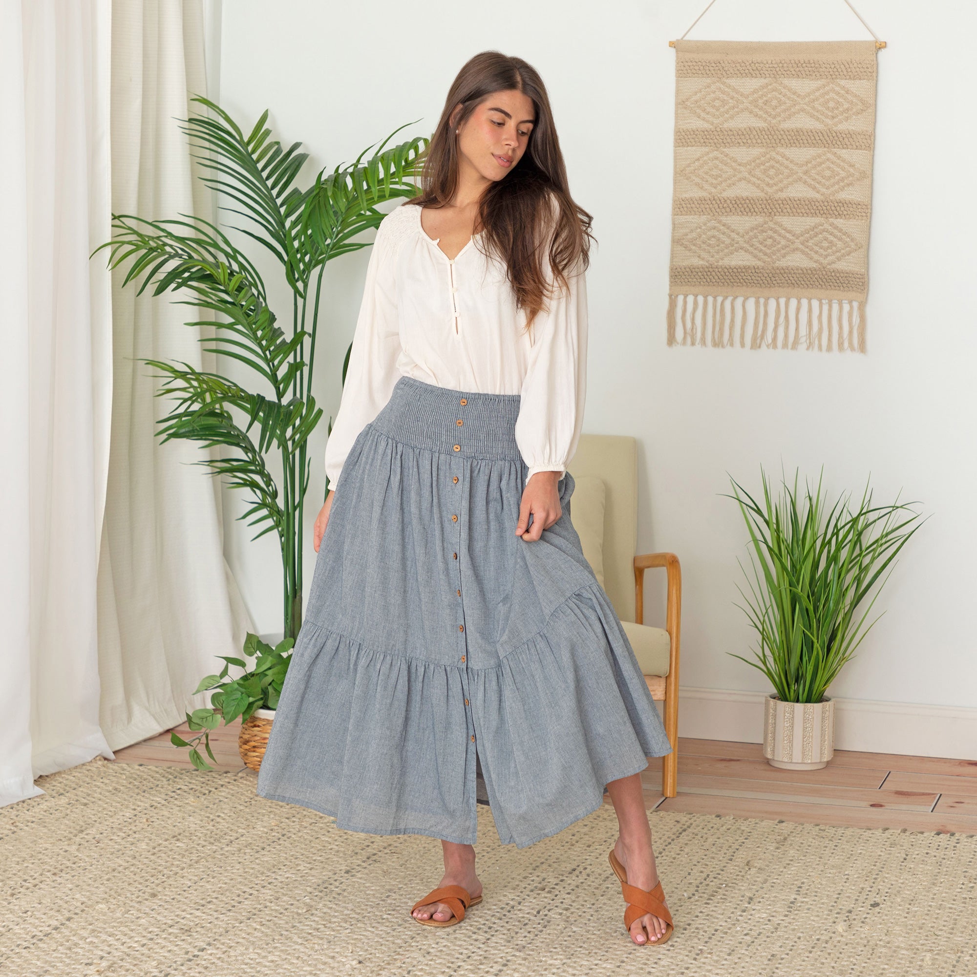 Premium Chambray Button-Down Tiered Skirt