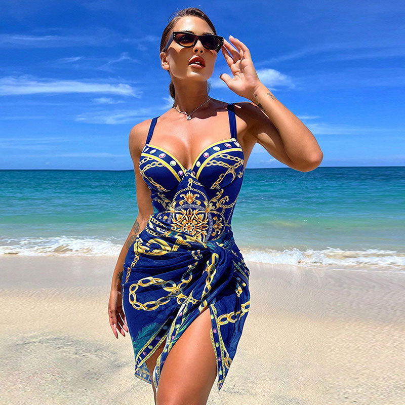 Premium Baroque Floral Print One Piece Swimsuit with Sarong - Ultimate Beach Elegance