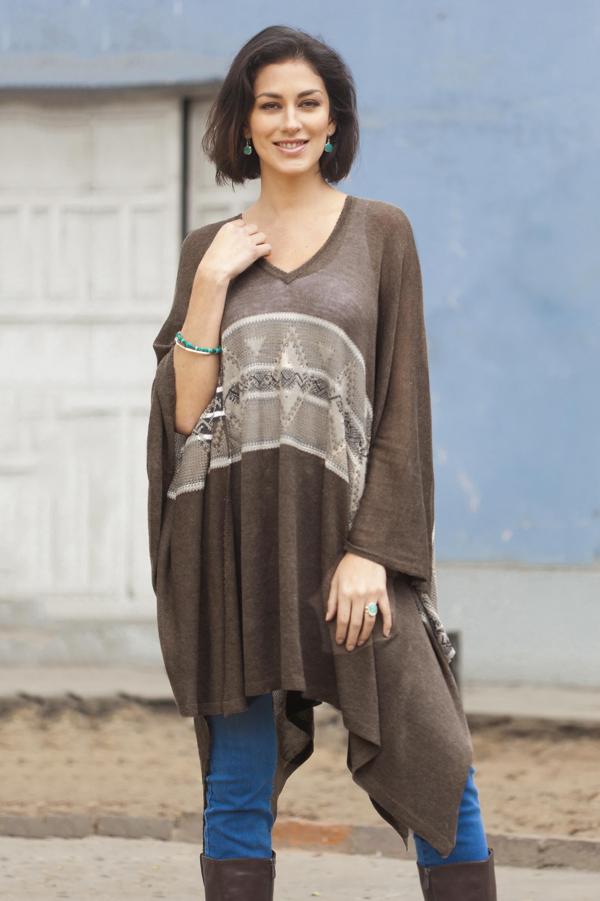 Premium Peruvian Woven Poncho - Dark Brown with Cream Stripe