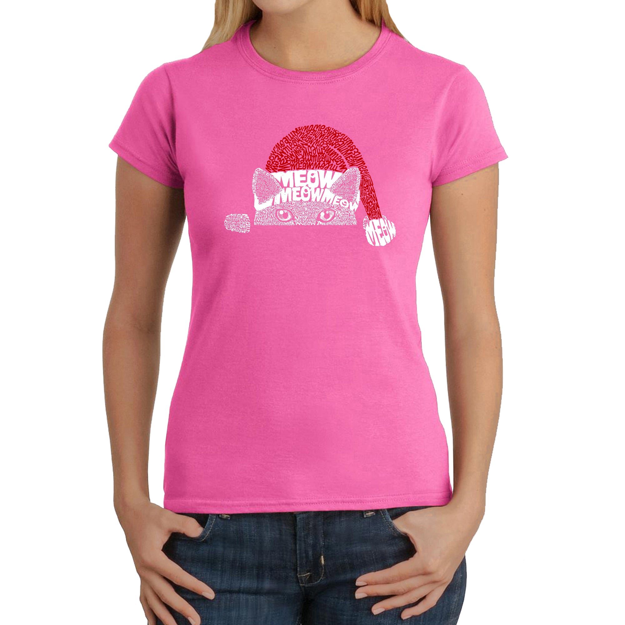 Premium Christmas Peeking Cat - Women's Festive Word Art T-Shirt