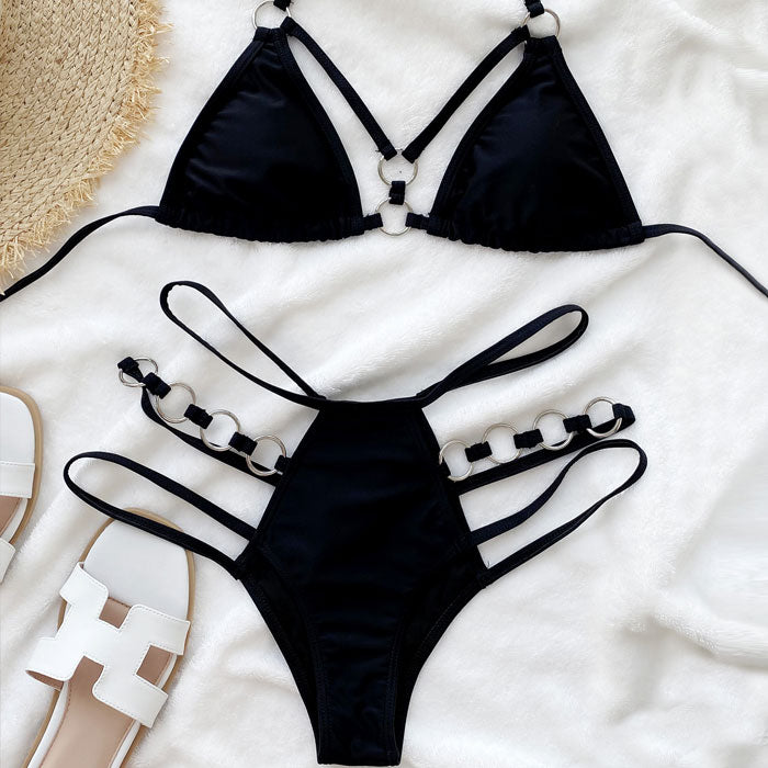 Premium Metallic O-Ring Cutout Halter Bikini Set