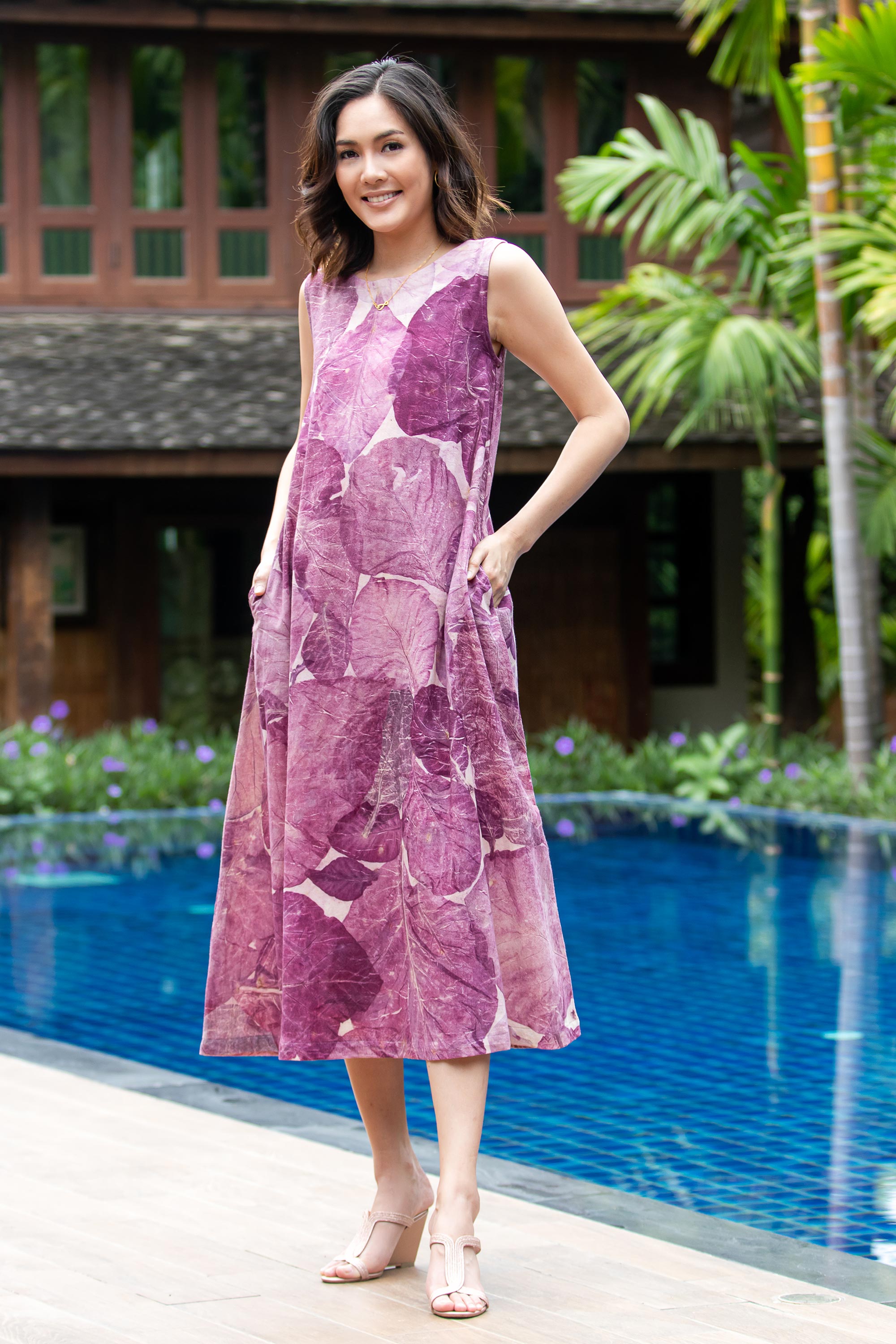 Premium Eco-Printed Cotton Maxi Dress - Purple Teak Thai Ouke Design