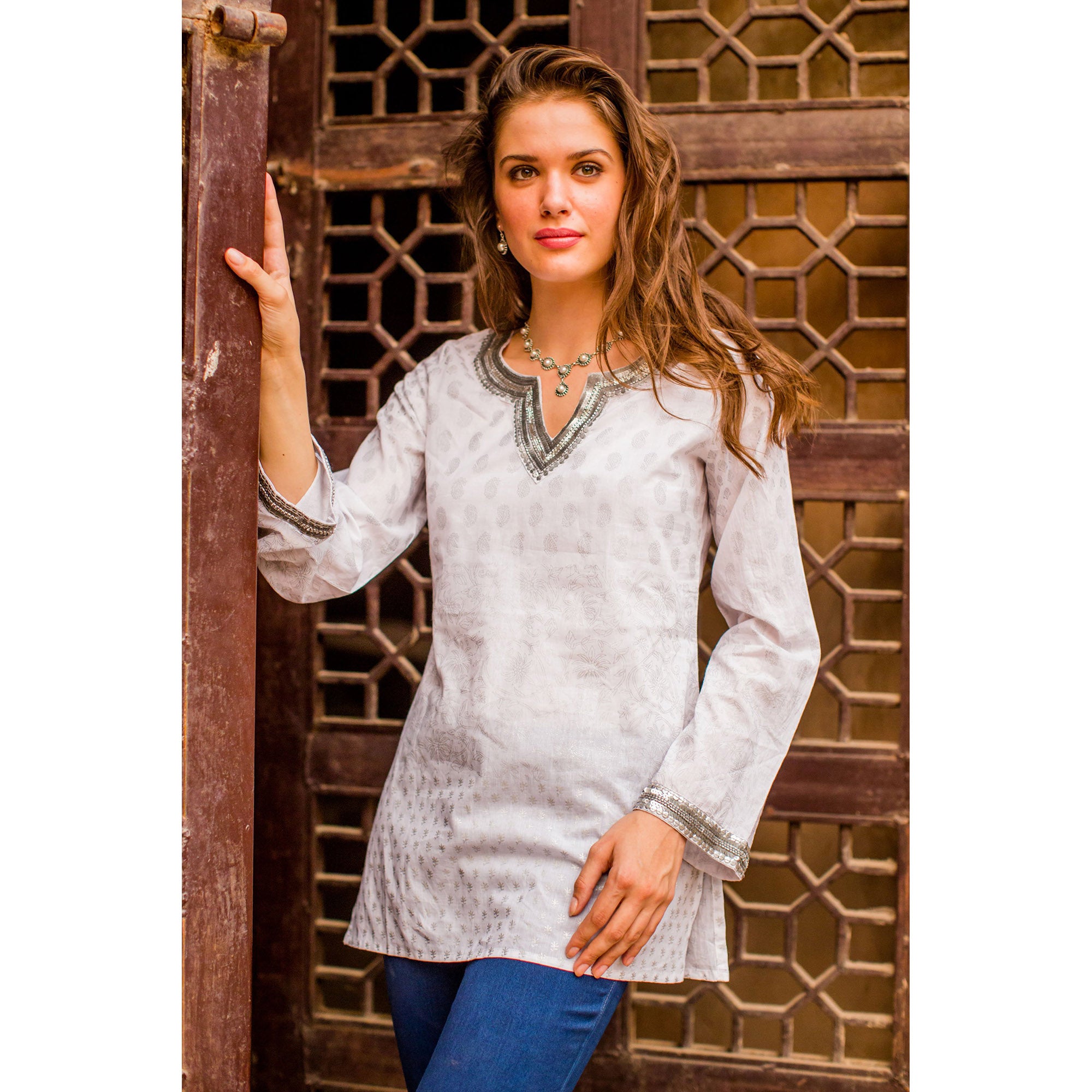 Premium Silver Diva Metallic & White Cotton Tunic - Handcrafted Elegance