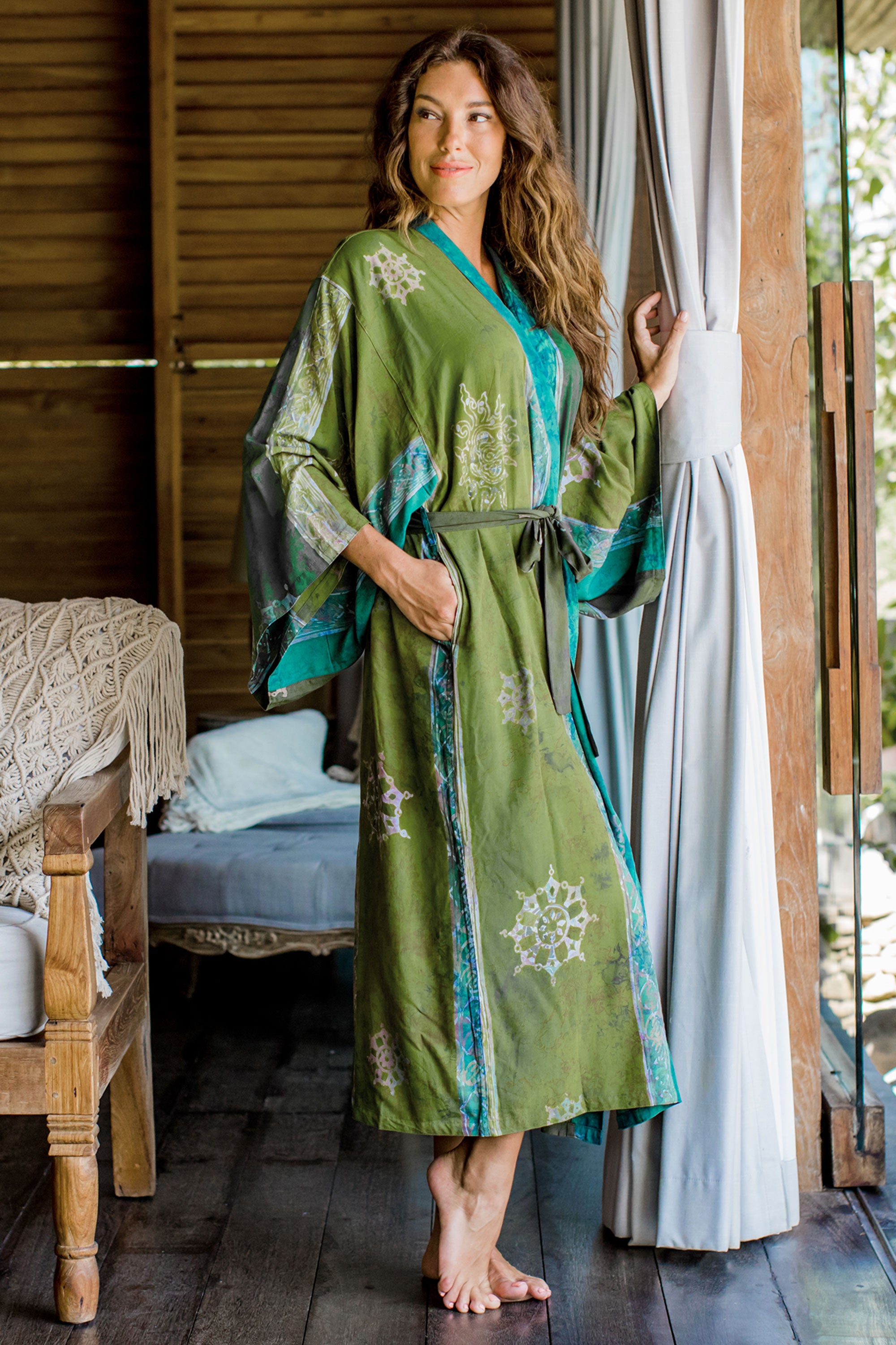 Premium Handmade Batik Women's Robe in Emerald Hues - Bali Inspired