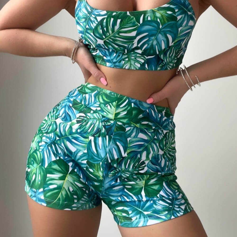 Premium Tropical Palm Leaf High-Waist Boyshort Bikini Set