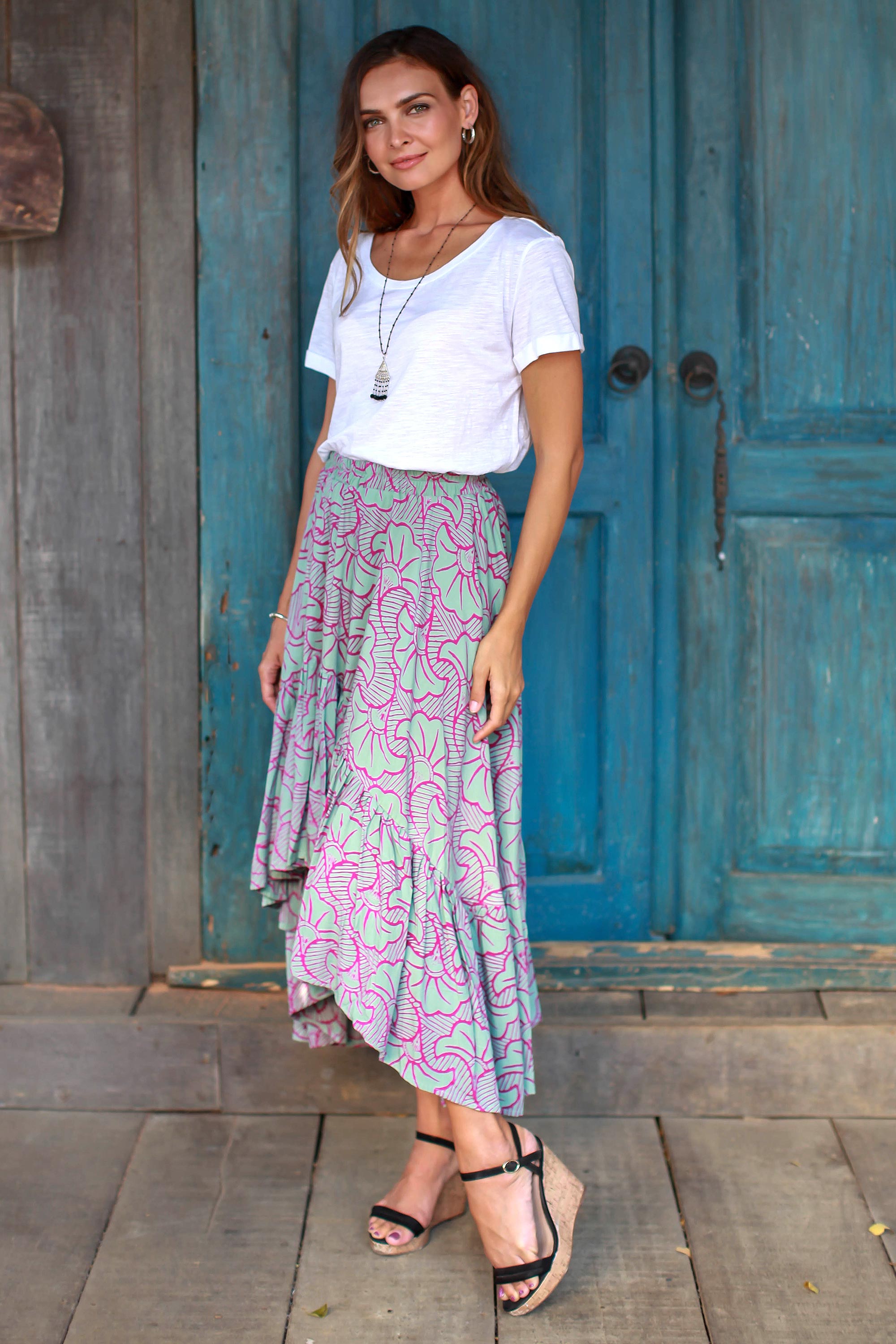 Premium Gingko Leaf Batik Rayon Skirt - Handcrafted in Bali