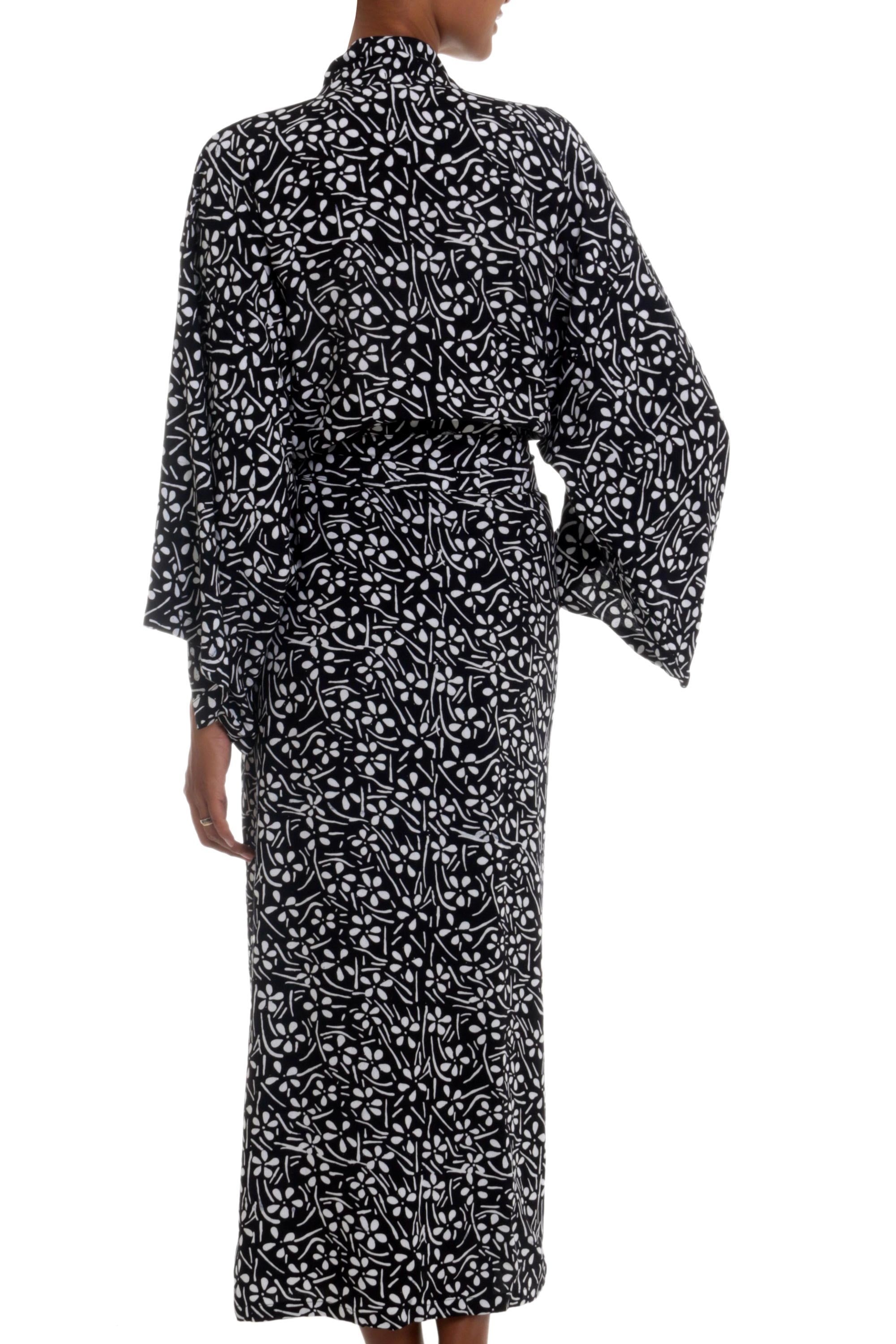 Premium Black & White Floral Rayon Kimono Robe – Handcrafted by Indonesian Artisan