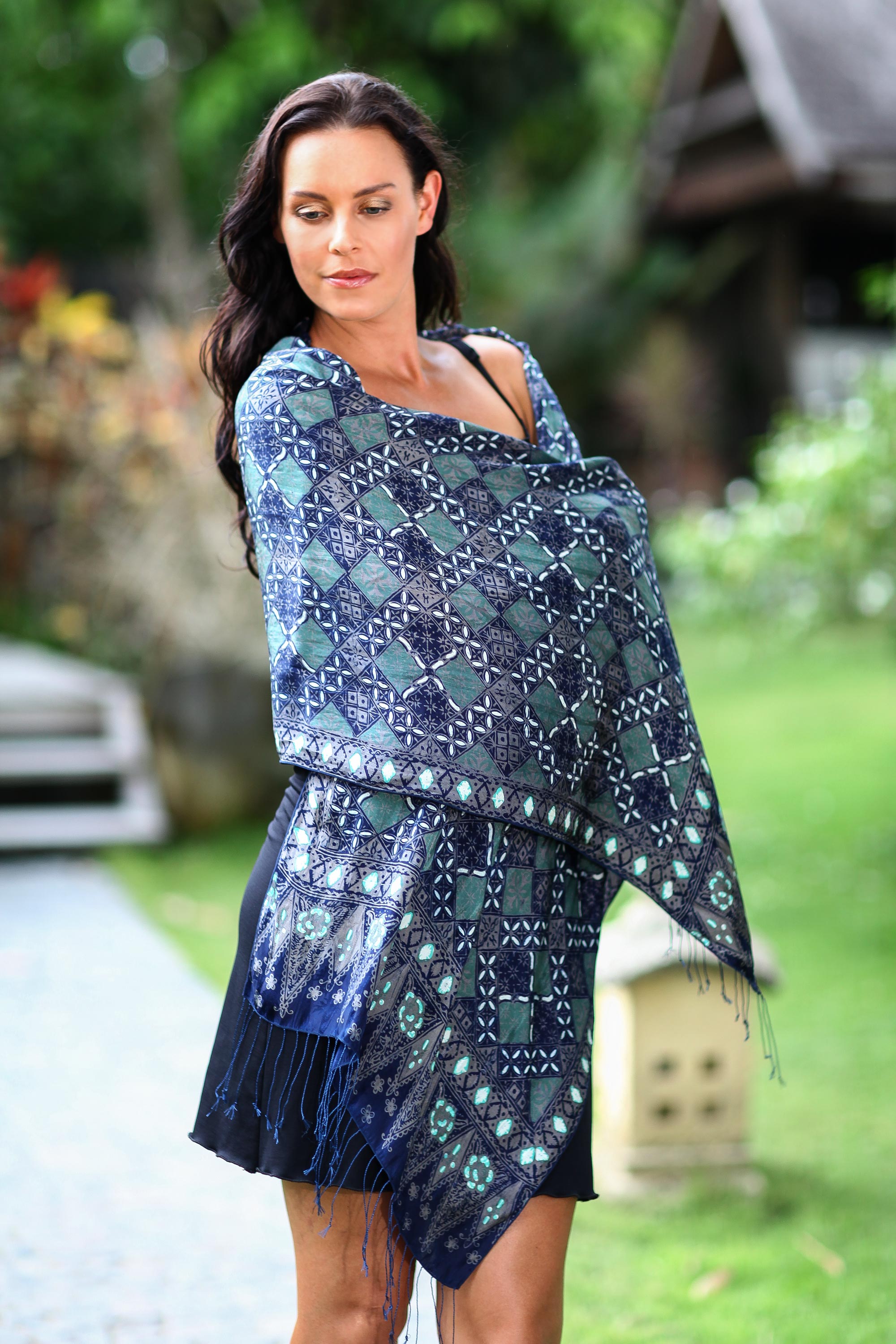 Premium Java Starlight Fair Trade Batik Silk Shawl - Ultimate Elegance in Blue