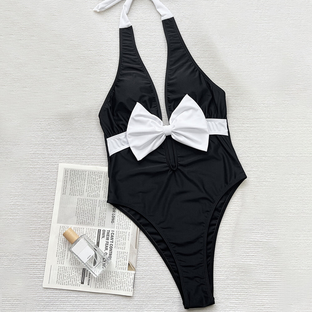 Ultimate Black & White Bowknot Plunge One-Piece Swimsuit