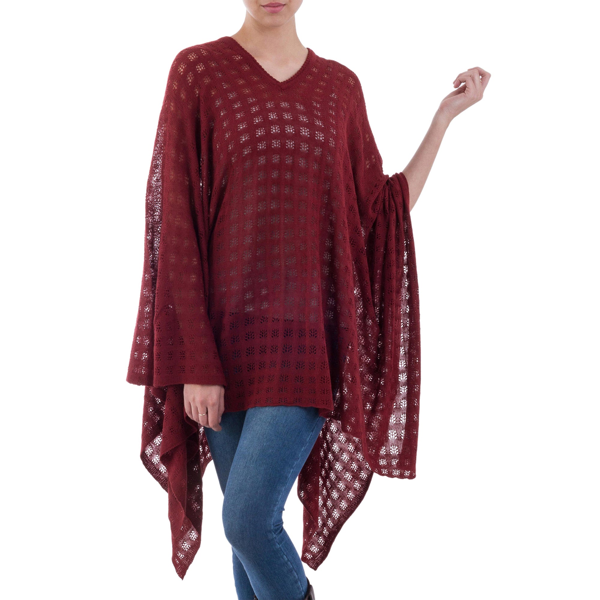 Premium Burgundy Alpaca Bohemian Poncho - Handmade by Peruvian Artisans