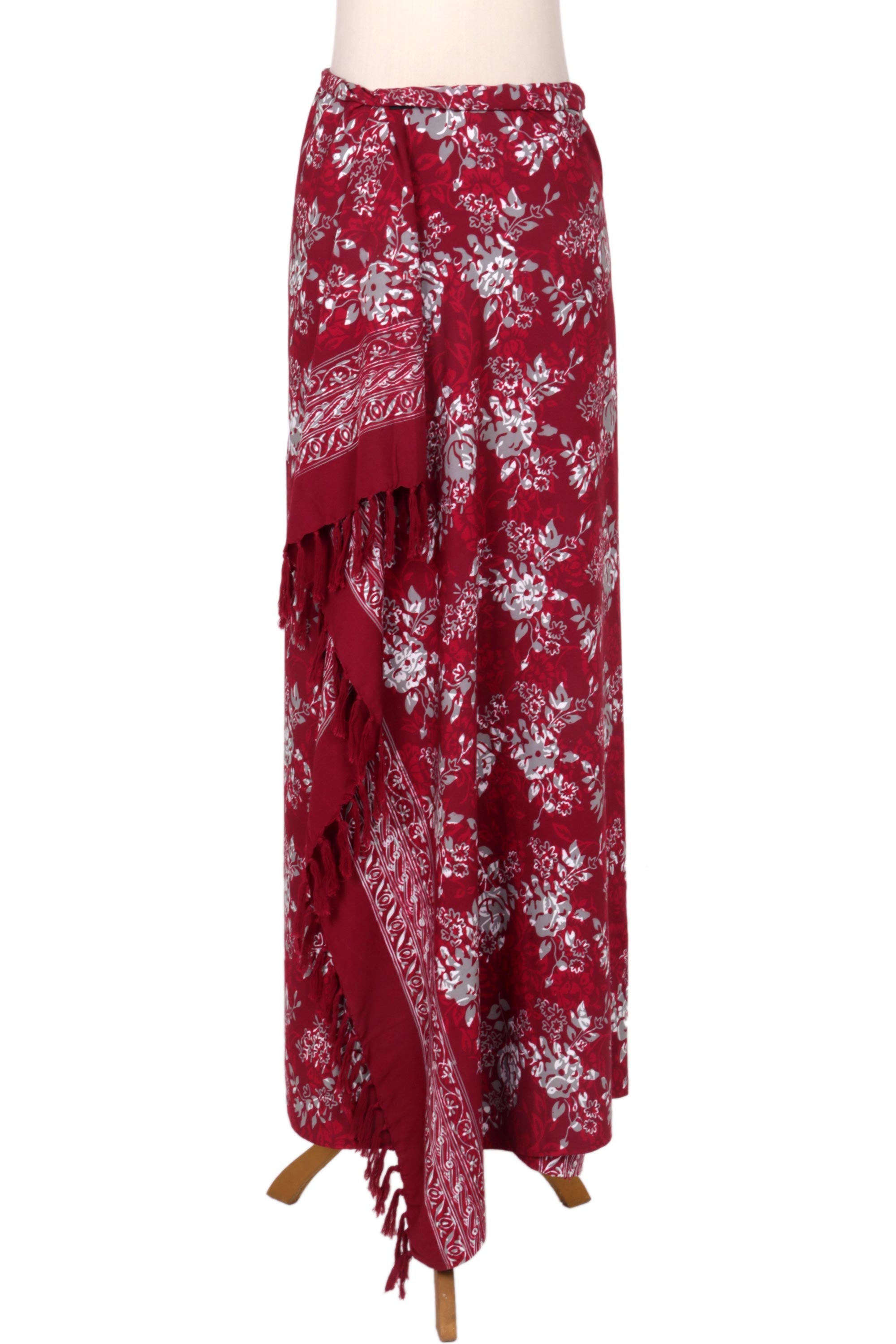 Premium Tropical Garden Sarong - Handcrafted Batik Floral Design in Claret Red