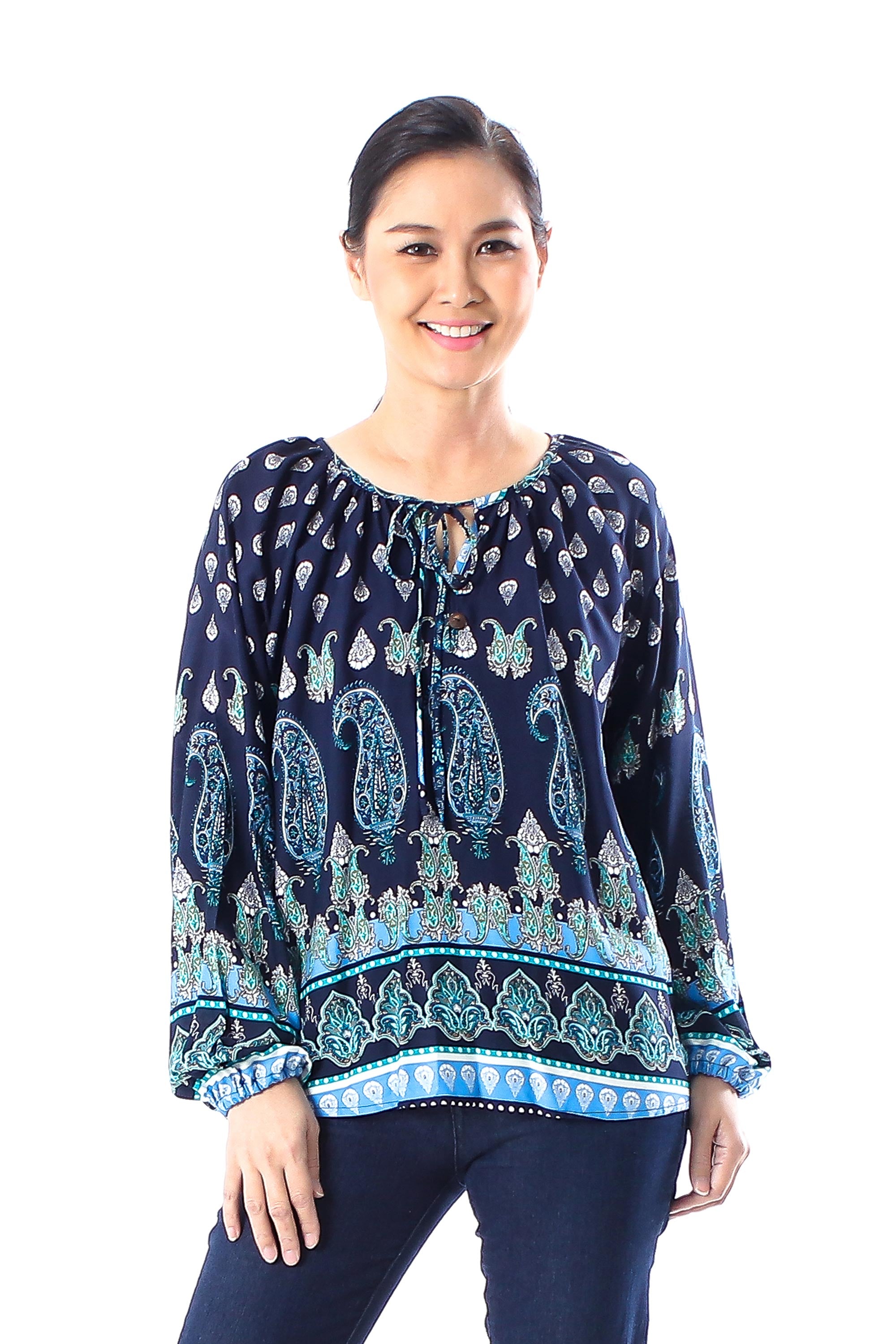 Premium Indigo Paisley Rayon Blouse - Handcrafted in Thailand