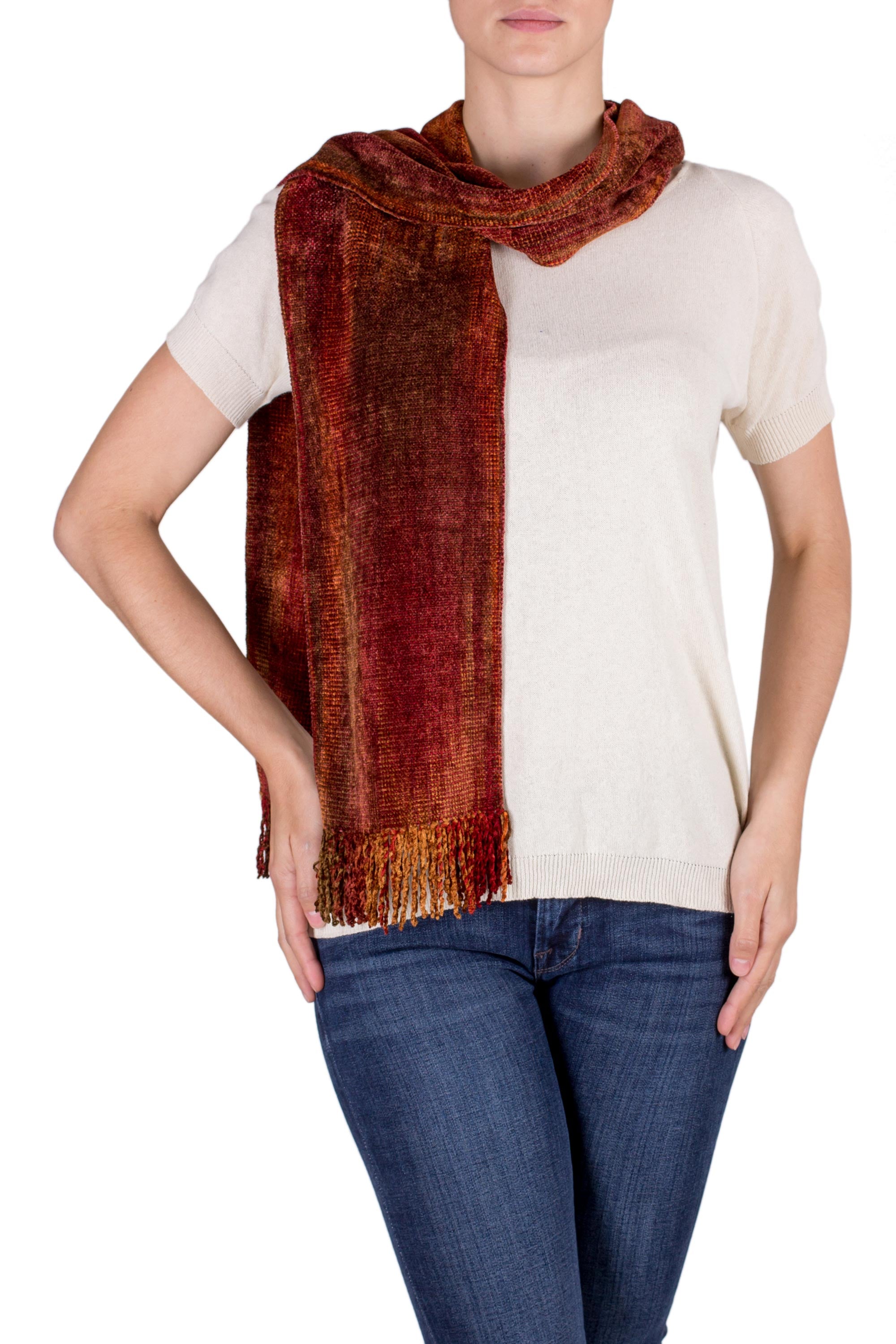 Premium Orange Dreamer Handwoven Rayon Scarf - Vibrant Orange & Red from Guatemala