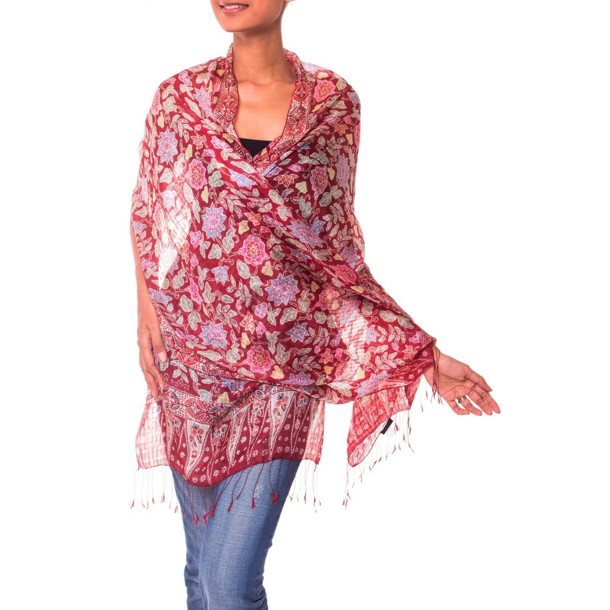 Premium Floral Silk Batik Shawl - Handcrafted Elegance