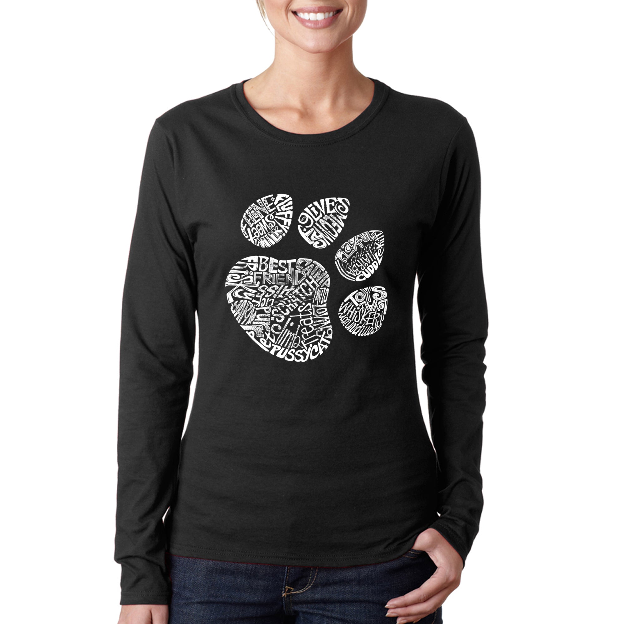 Premium Cat Lover's Long Sleeve T-Shirt - Unique Cat Paw Word Art Design