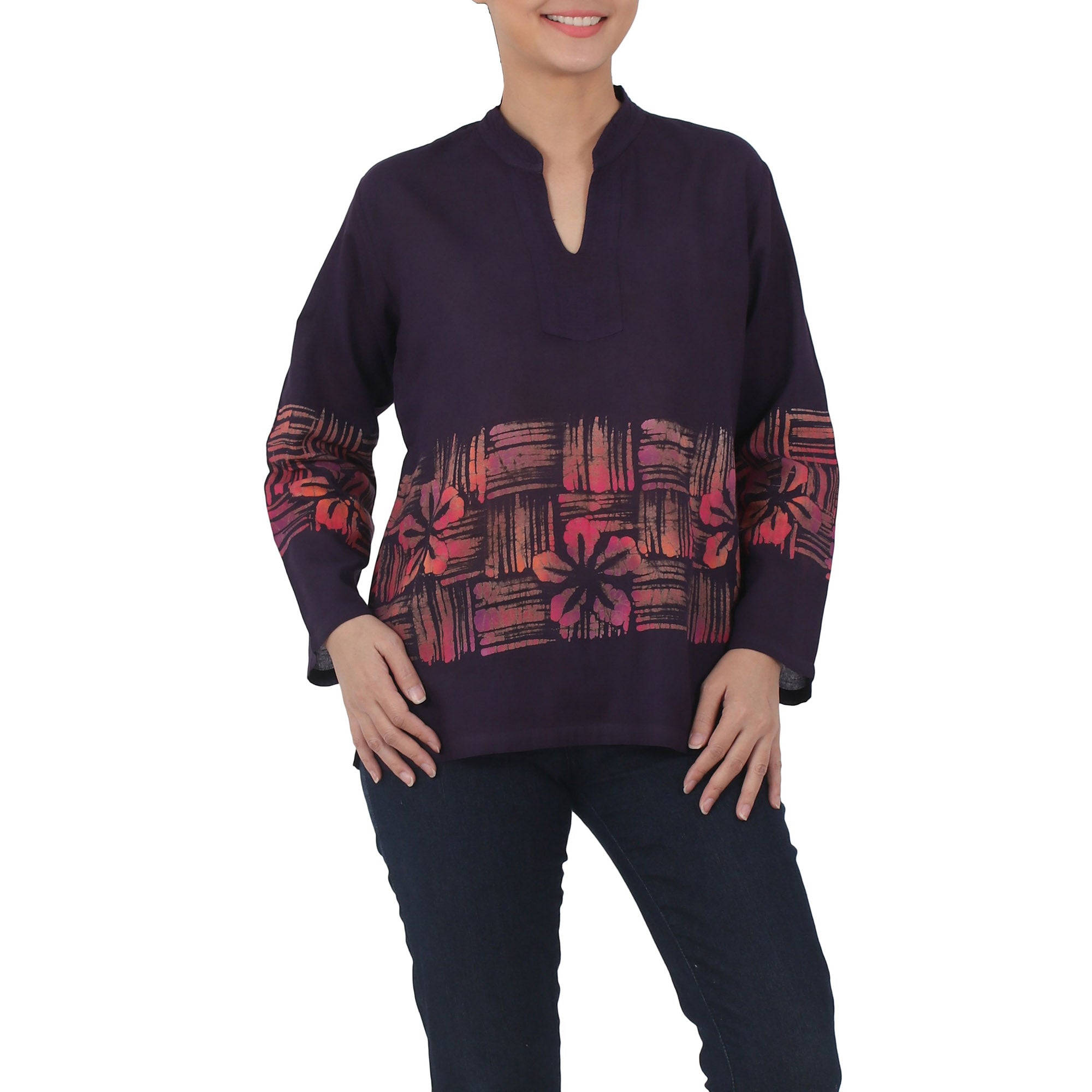 Premium Island Evenings Purple Cotton Batik Tunic - Handmade Elegance