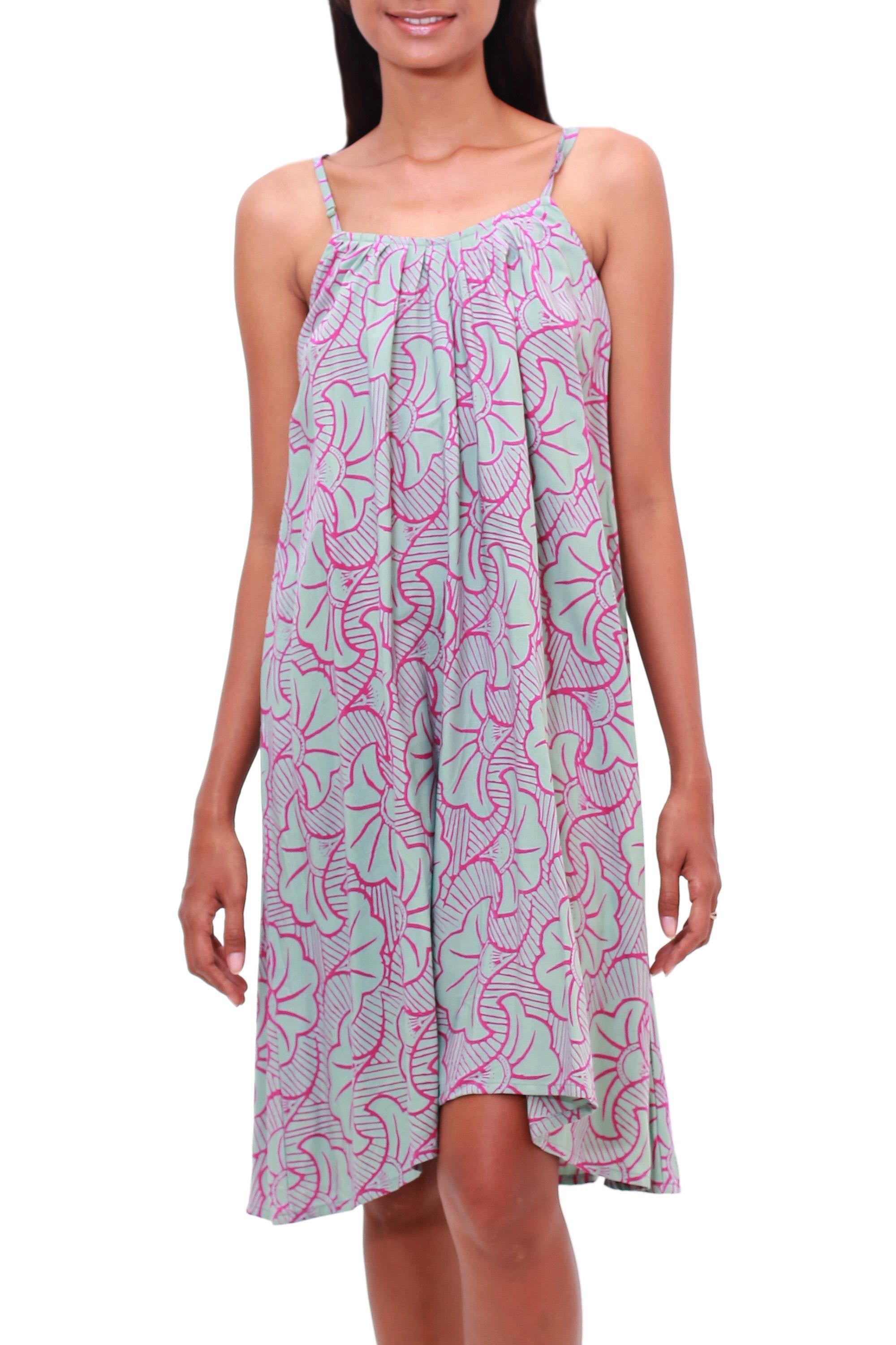 Premium Handcrafted Gingko Leaf Batik Rayon Sundress - Green & Magenta