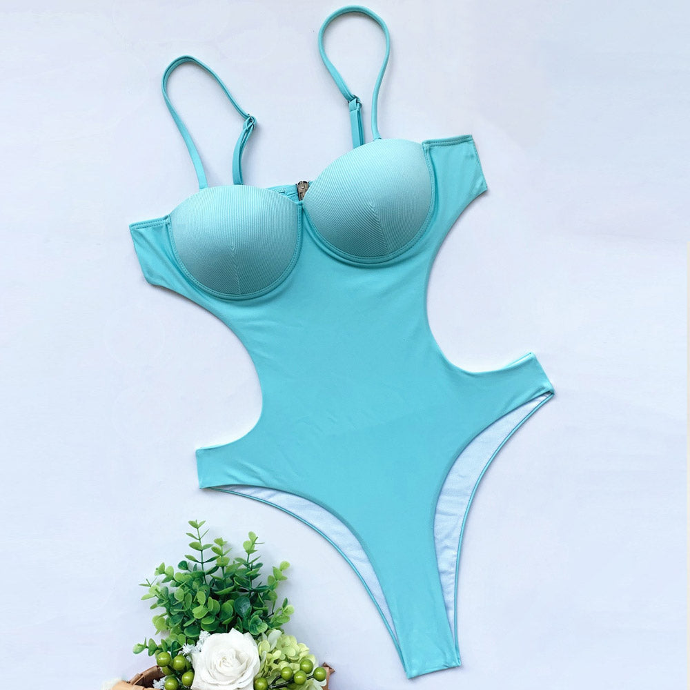 Ultimate Sky Blue Rib Cutout Monokini - Brazilian Style One-Piece Swimsuit