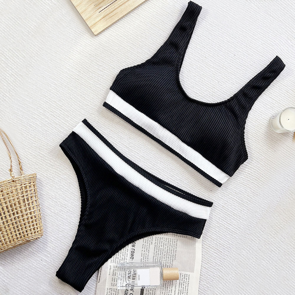 Premium Contrast Ribbed High-Waist Tie-Back Bikini Set